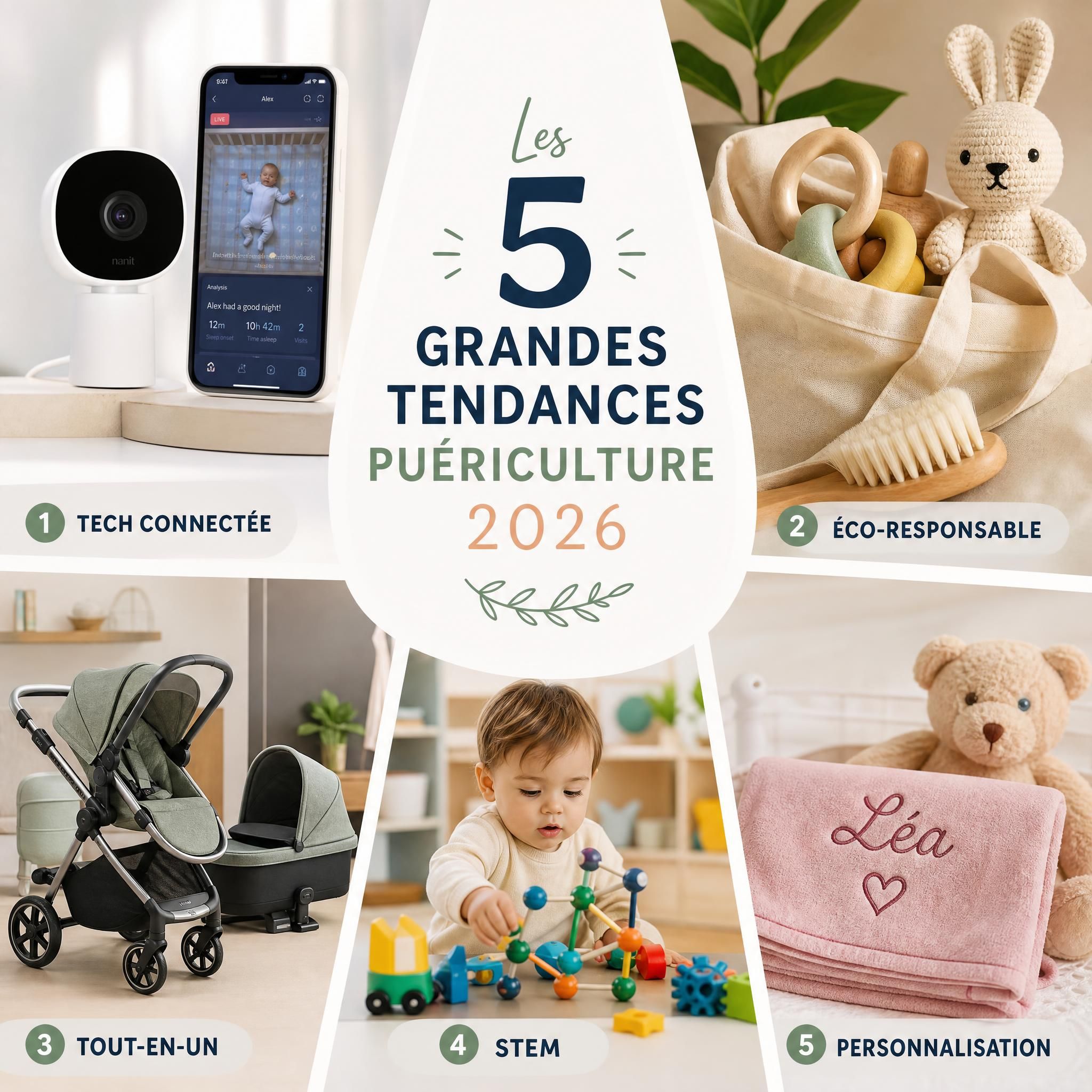 Collage des 5 grandes tendances puériculture 2026 : tech connectée, éco-responsable, tout-en-un, STEM, personnalisation