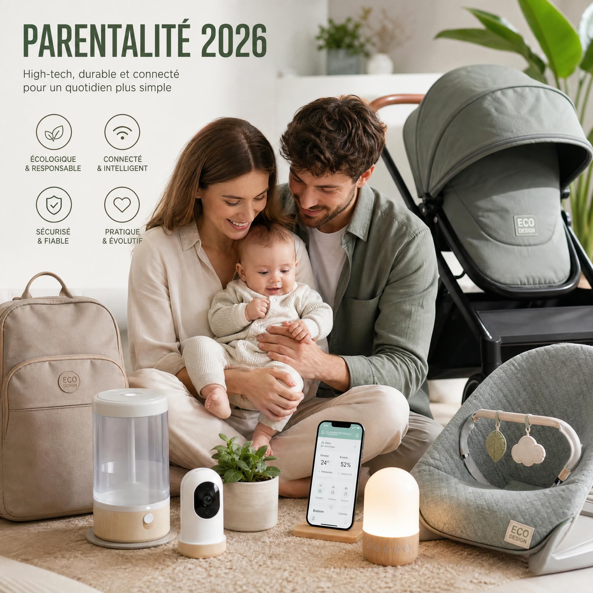 Parents modernes avec bébé entourés d'accessoires de puériculture high-tech et écologiques en 2026