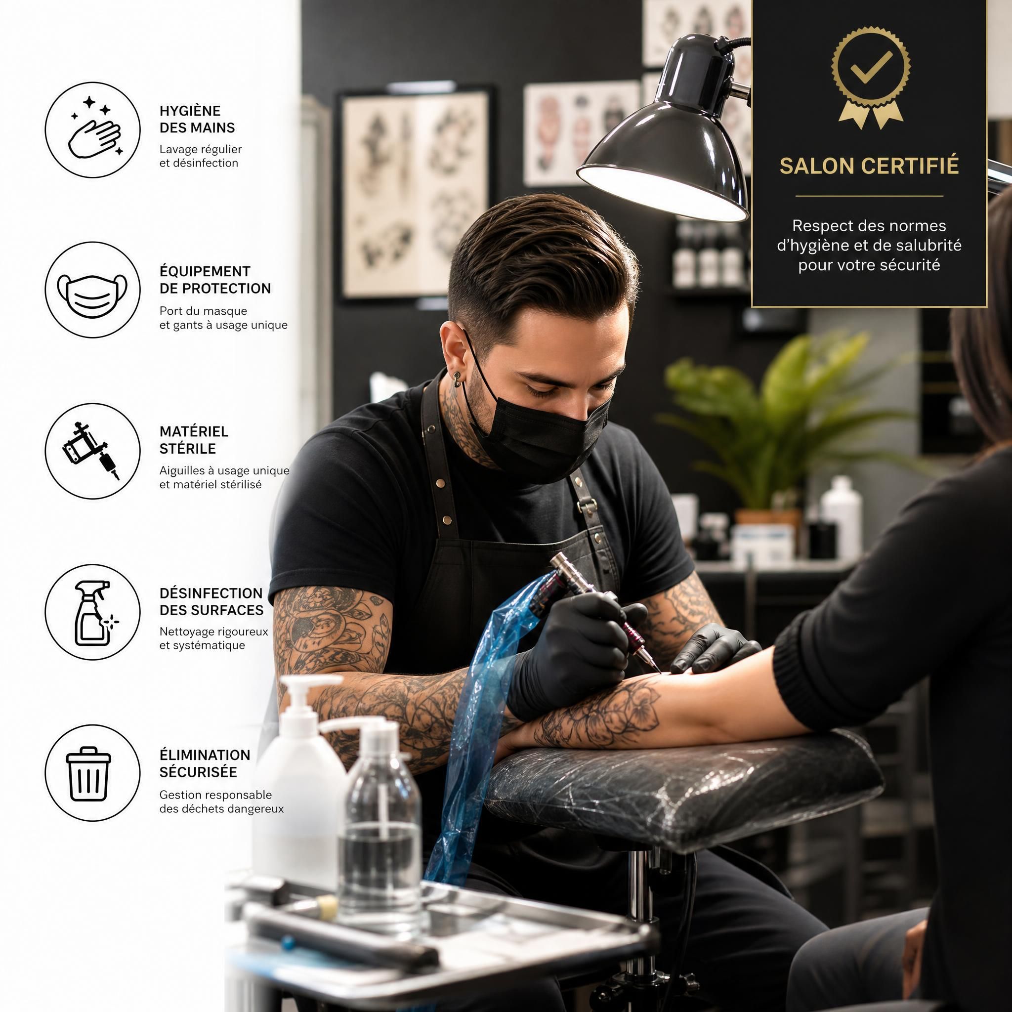 Professionnel du tatouage en tenue de travail respectant les protocoles d'hygiène et salubrité dans un salon certifié