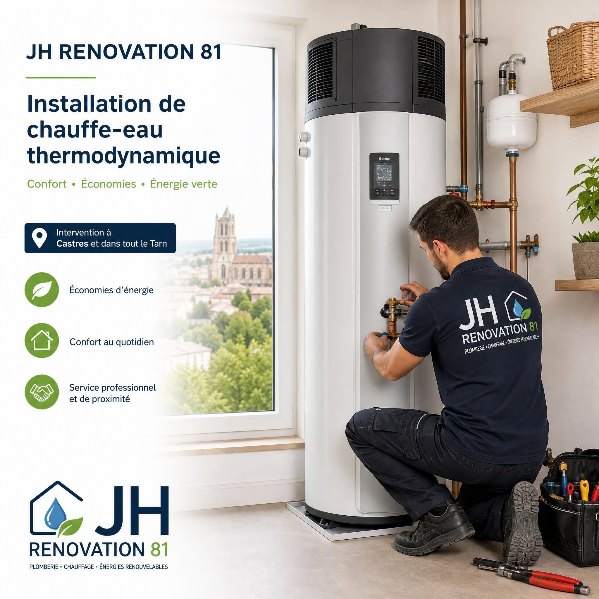 Plombier professionnel JH Renovation 81 en train d'installer un chauffe-eau thermodynamique dans une maison à Castres