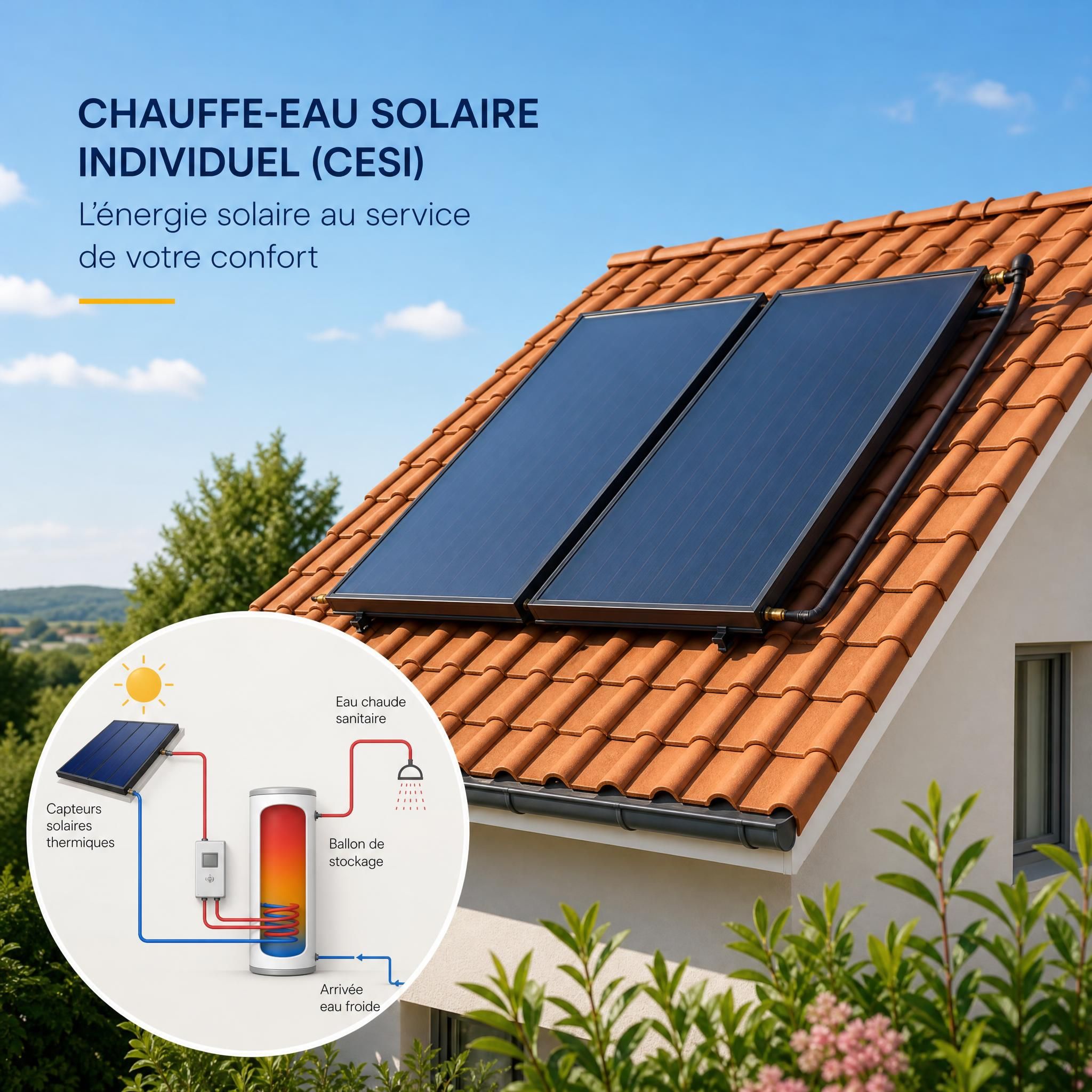 Panneaux solaires thermiques installés sur une toiture en tuiles pour chauffe-eau solaire individuel CESI