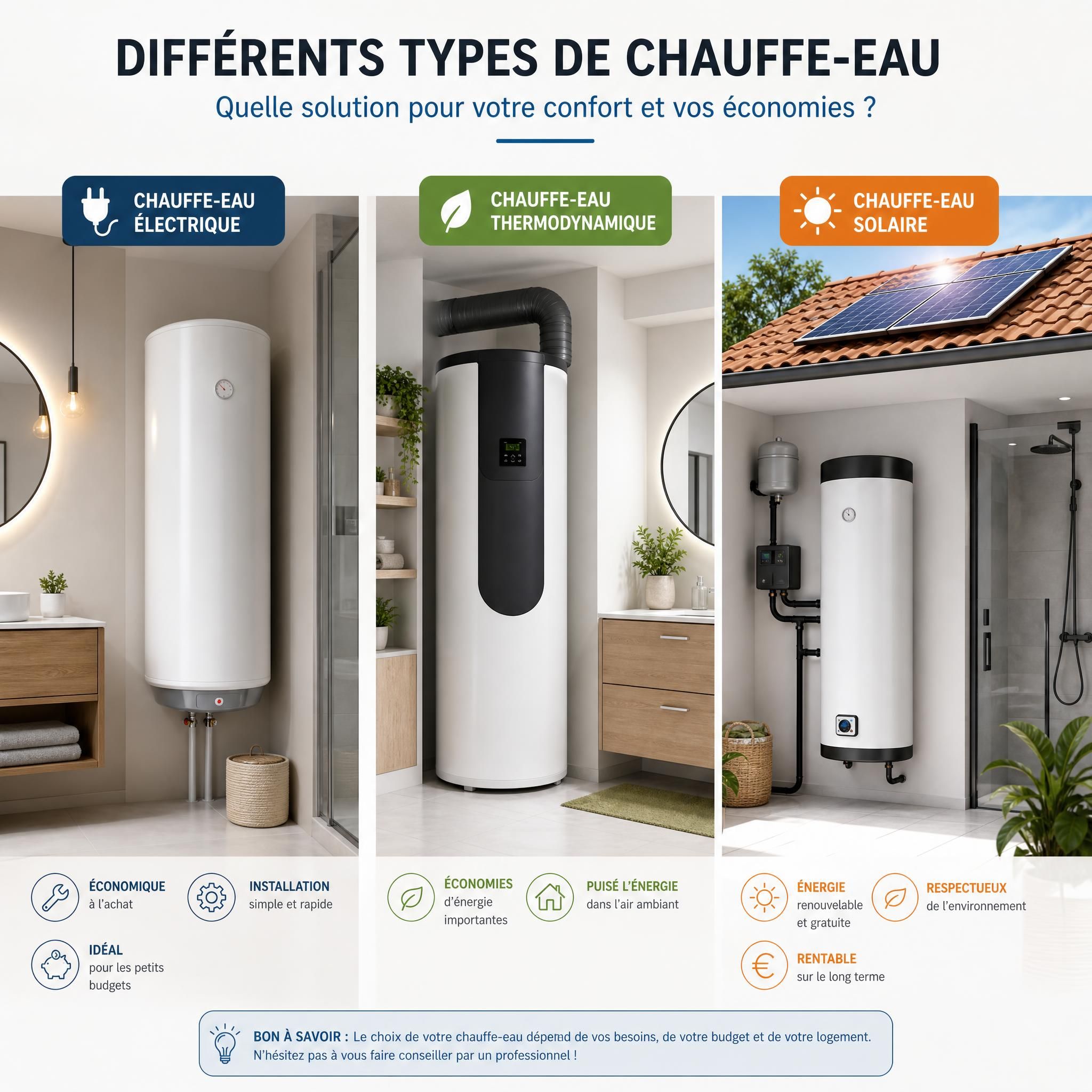 Différents types de chauffe-eau installés dans une salle de bain moderne - chauffe-eau électrique, thermodynamique et solaire