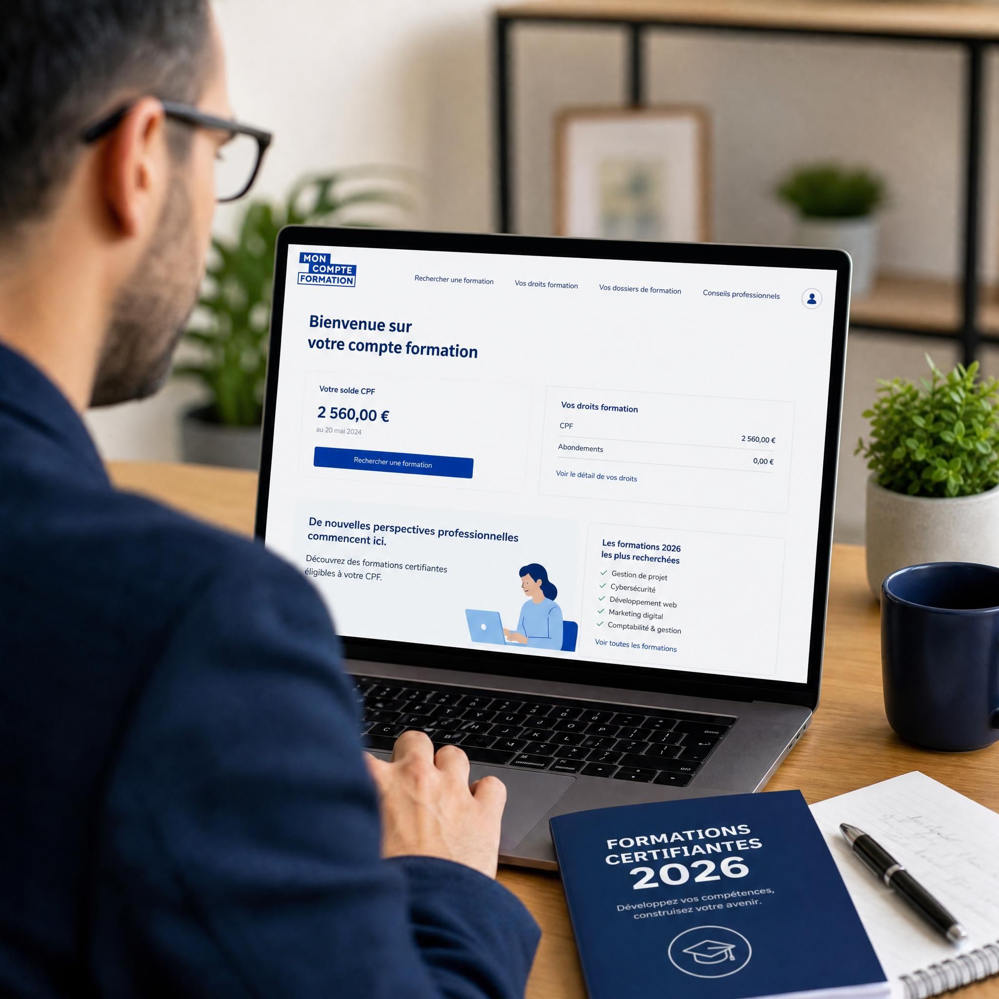 Professionnel consultant son compte CPF sur ordinateur portable avec documents de formation certifiante 2026