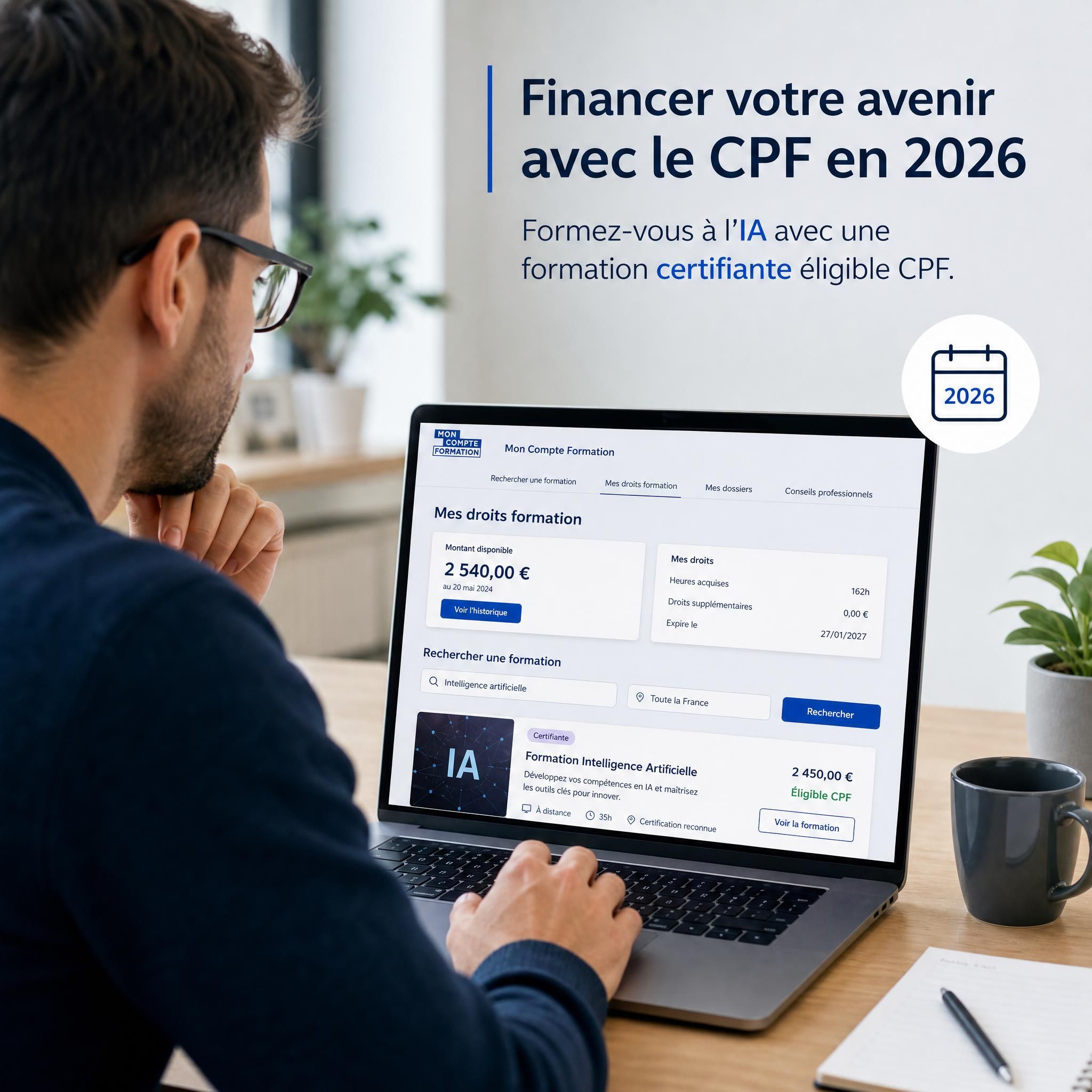 Professionnel consultant son compte CPF sur ordinateur pour financer une formation IA certifiante en 2026