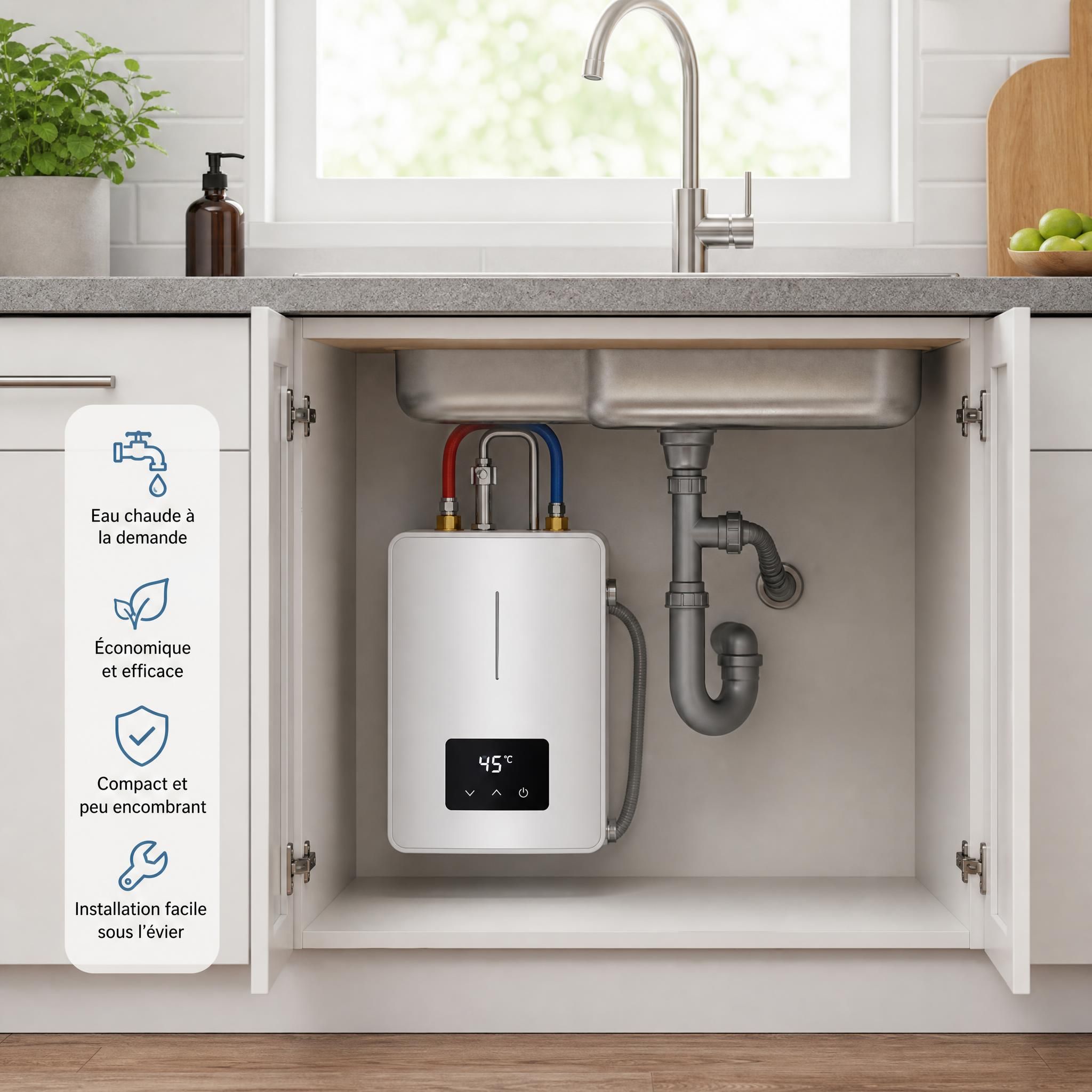 Chauffe-eau instantané compact installé sous un évier de cuisine - production d'eau chaude à la demande