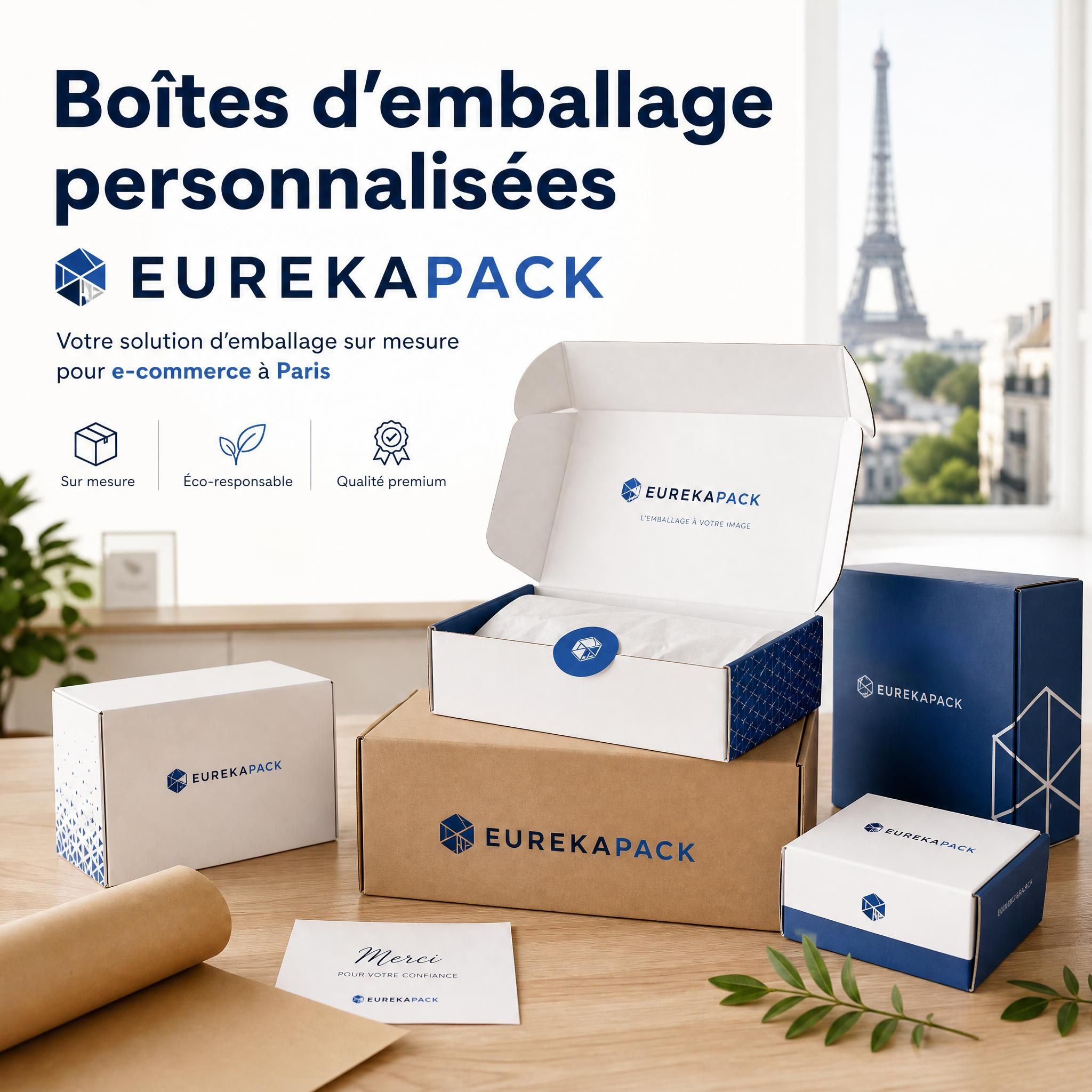 Boîtes d'emballage personnalisées EUREKAPACK avec logo de marque pour e-commerce, packaging sur mesure Paris