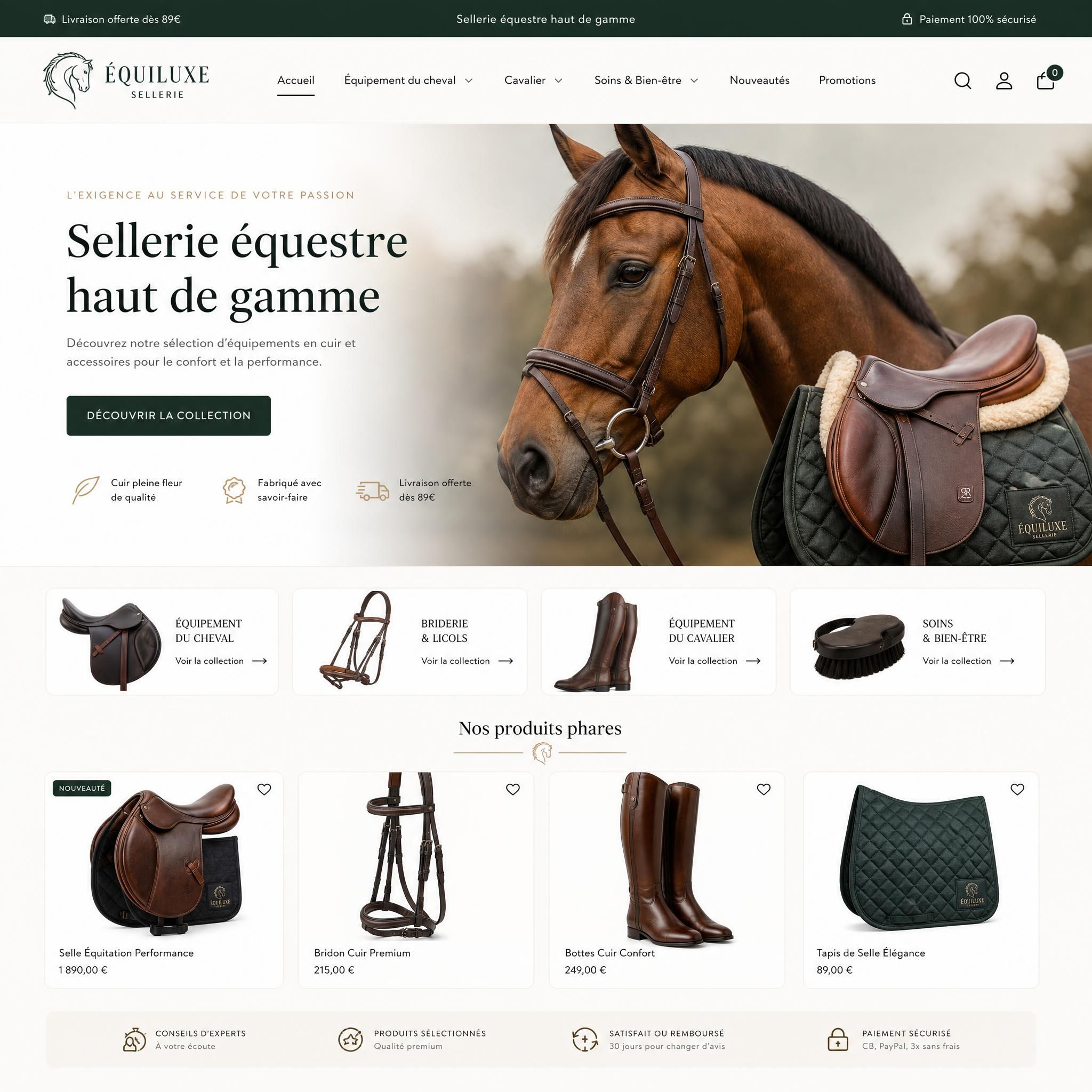 Boutique en ligne de sellerie équestre avec produits de cuir et équipements pour chevaux présentés sur une interface Shopify moderne