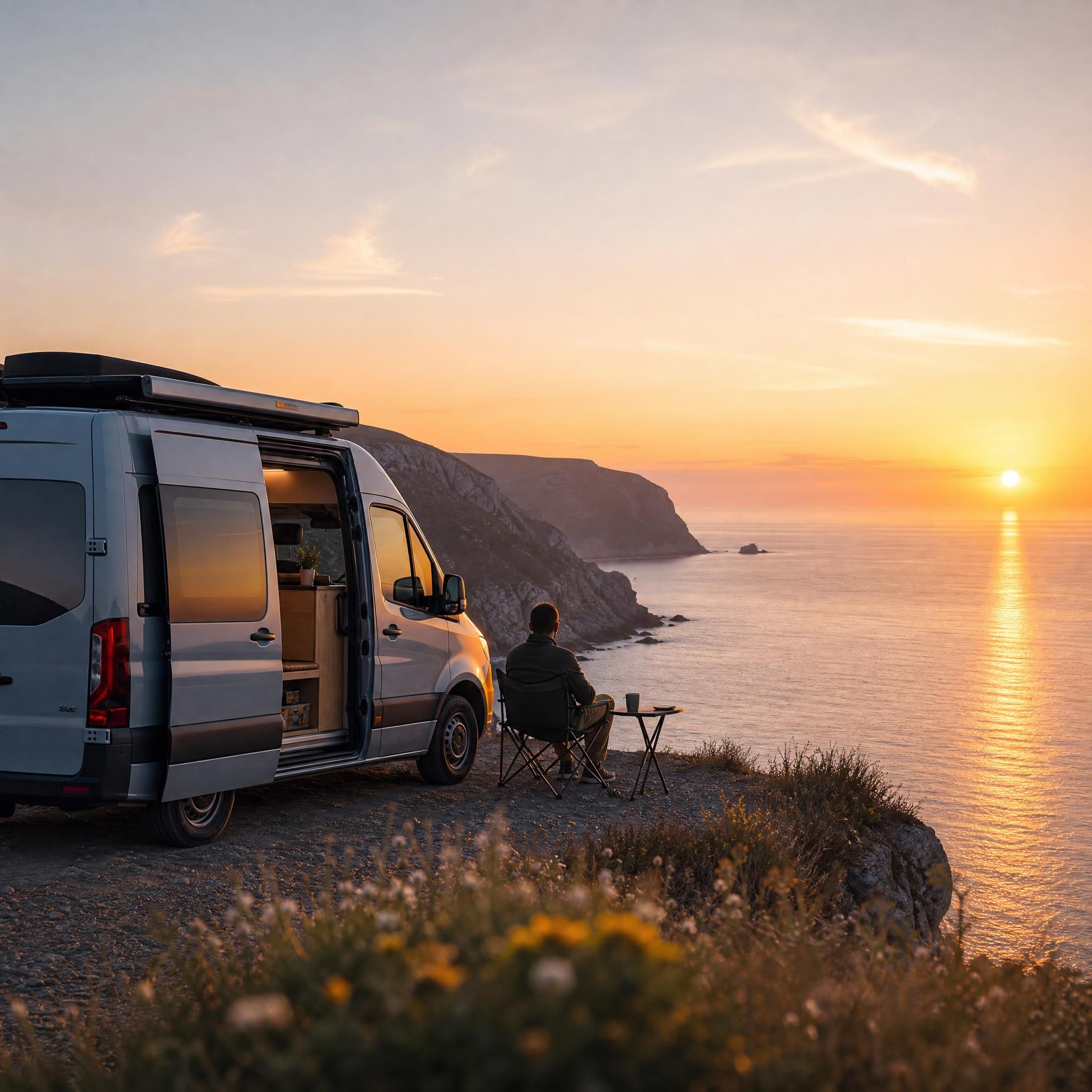 Van aménagé garé au bord d'une falaise face à la mer en France au coucher du soleil, road trip liberté