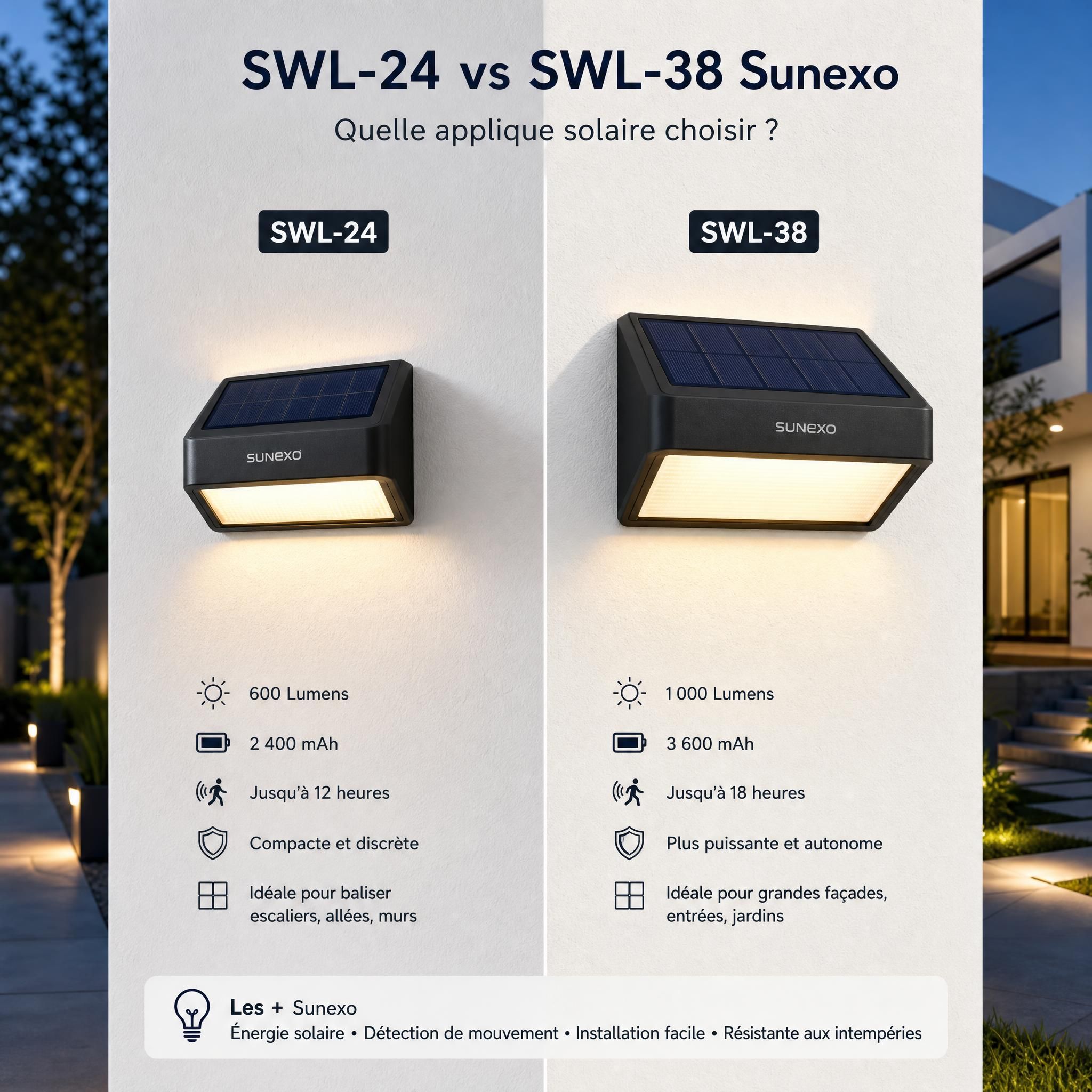 Comparaison côte à côte applique solaire SWL-24 et SWL-38 Sunexo sur mur extérieur