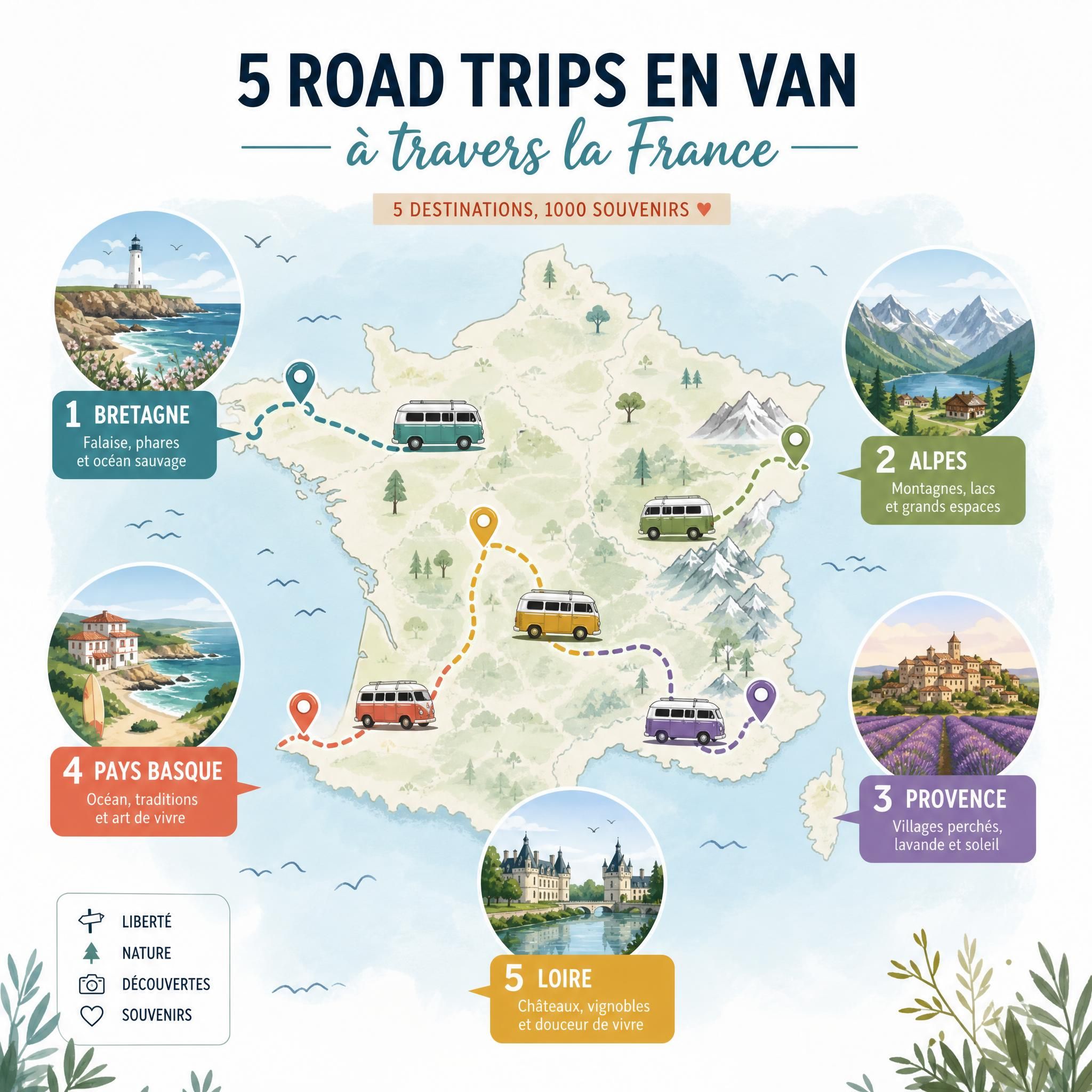 Carte illustrée des cinq road trips en van en France avec les destinations phares — Bretagne, Alpes, Provence, Pays Basque, Loire