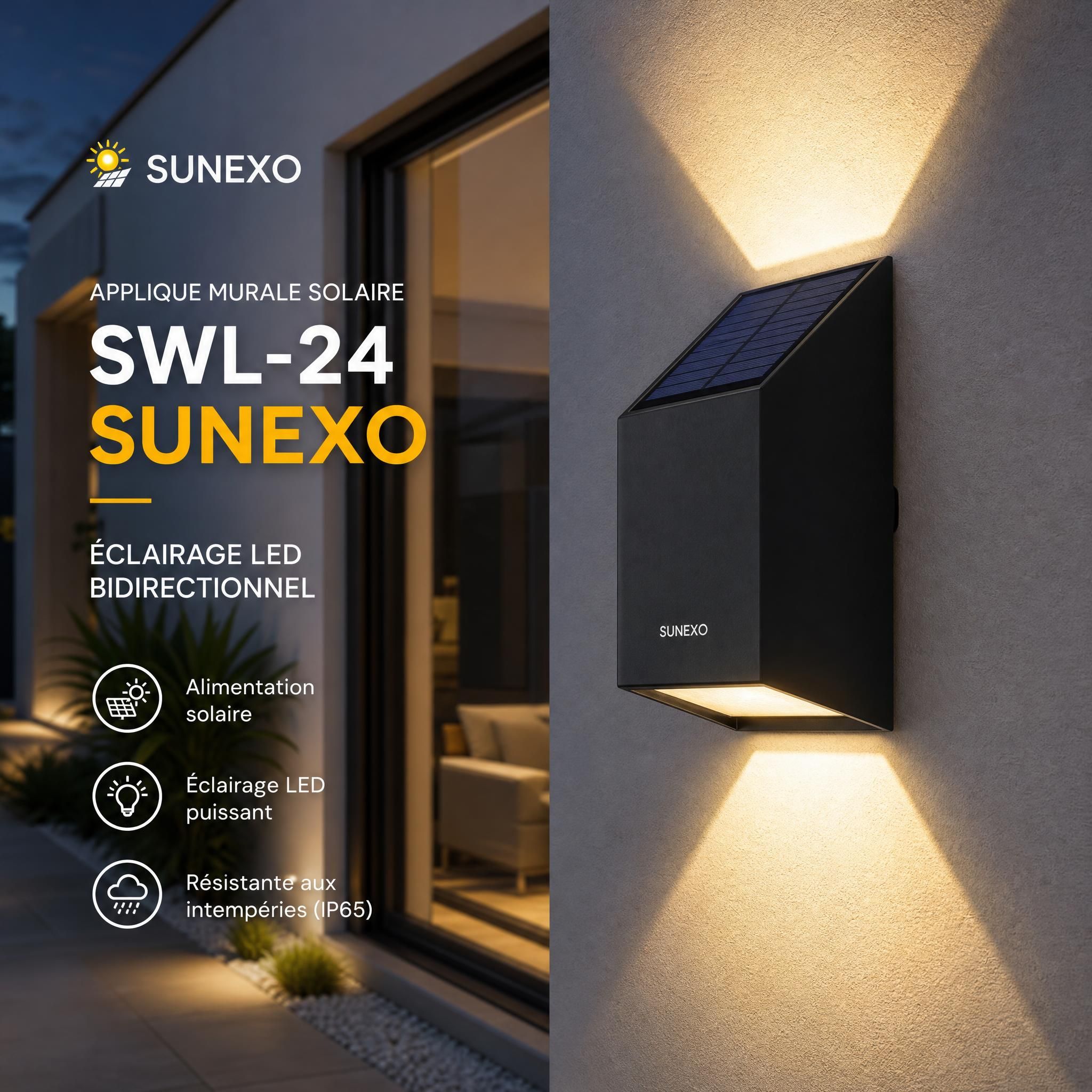 Applique murale solaire SWL-24 Sunexo installée sur façade extérieure, éclairage LED bidirectionnel