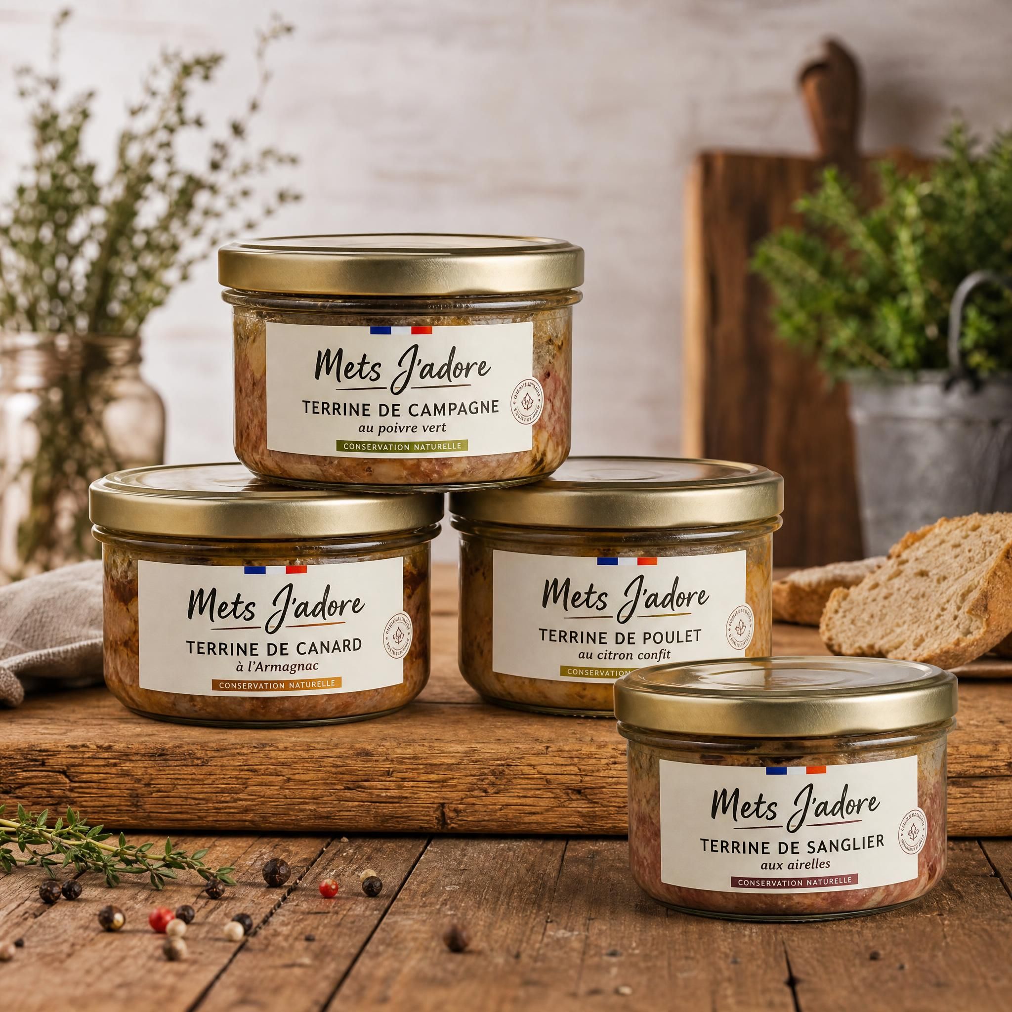 Bocaux de terrines artisanales Mets J'adore posés sur une table en bois rustique, terrines artisanales bocaux conservation naturelle