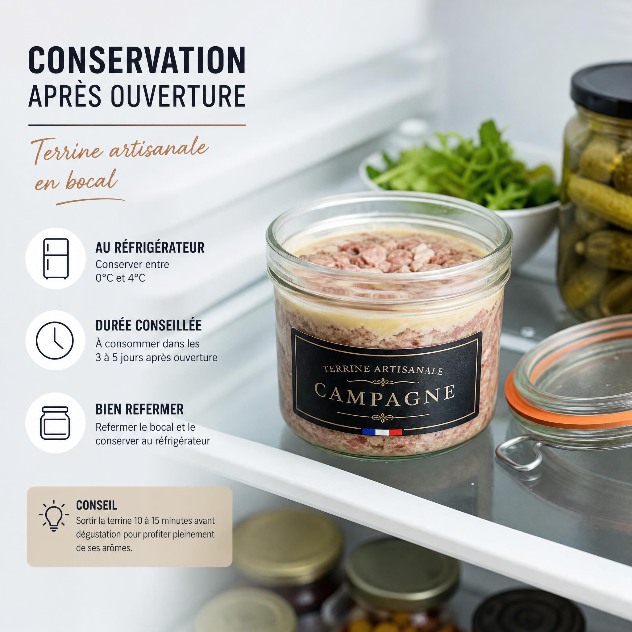 Bocal de terrine artisanale ouvert au réfrigérateur, conservation après ouverture terrine bocal artisanal