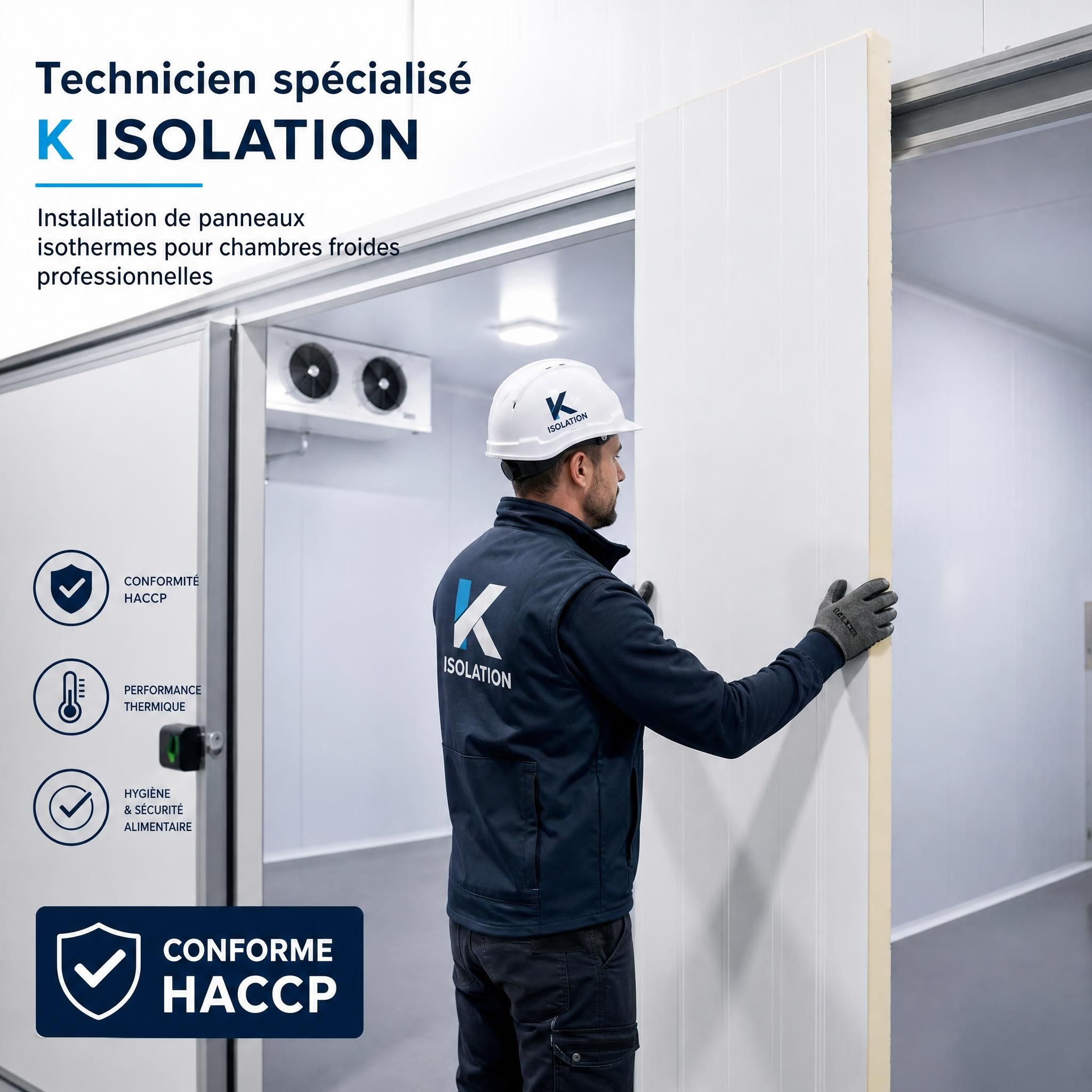 Technicien spécialisé K Isolation en train d'installer des panneaux isothermes pour une chambre froide professionnelle conforme HACCP