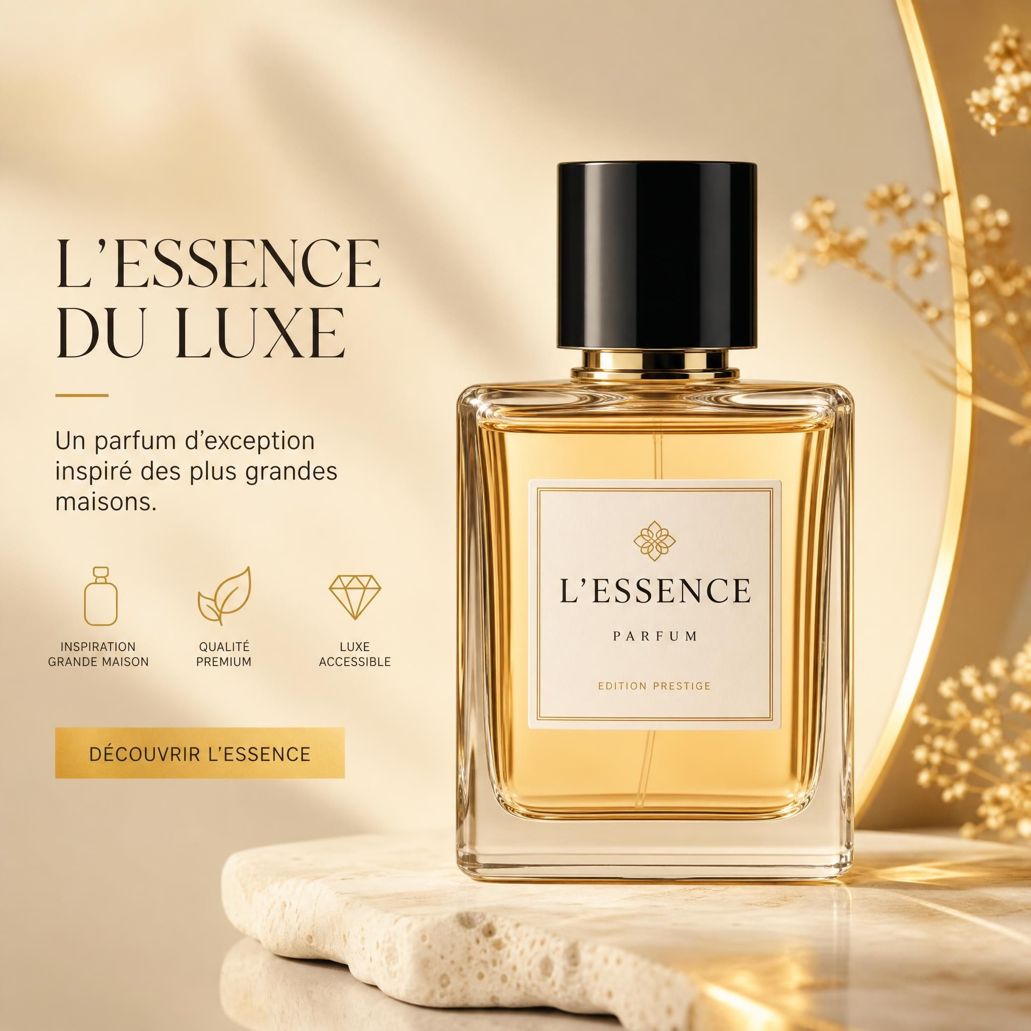 Flacon de parfum élégant sur fond beige crème avec reflets dorés, évoquant un univers premium accessible — parfum inspiration grande maison