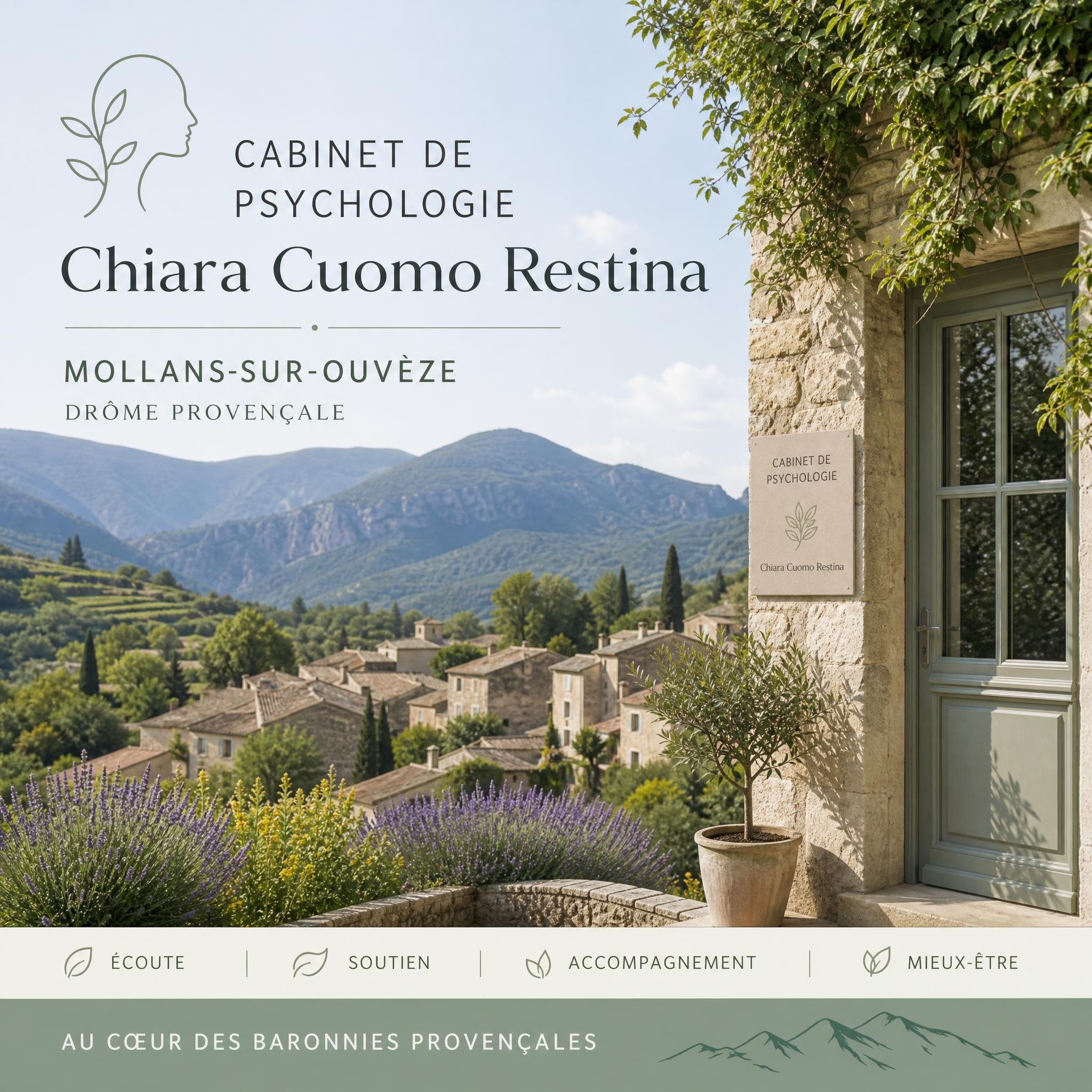 Cabinet de psychologie Chiara Cuomo Restina à Mollans-sur-Ouvèze, entouré des paysages naturels des Baronnies provençales, Drôme provençale