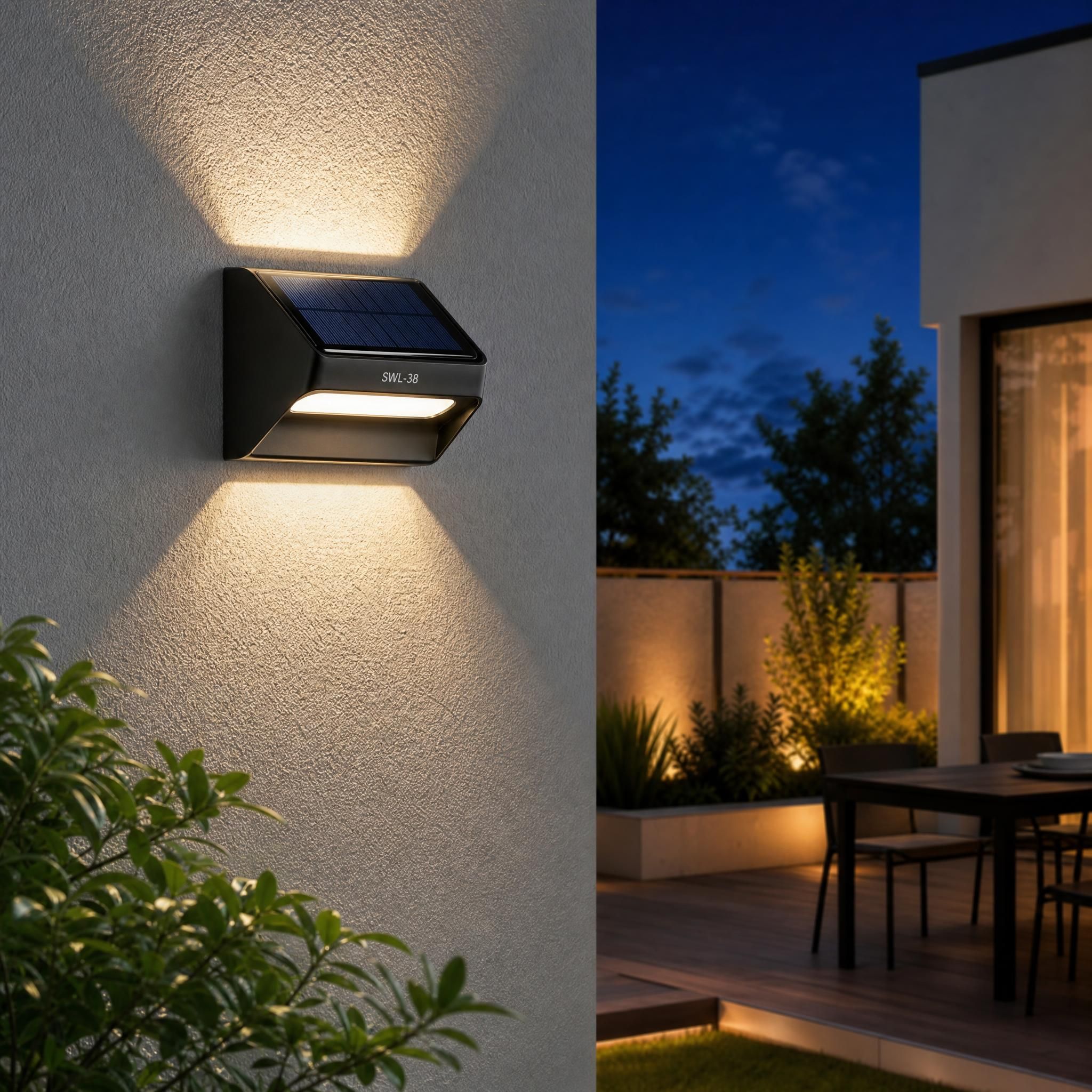 Applique murale solaire SWL-38 installée sur façade extérieure jardin terrasse nuit