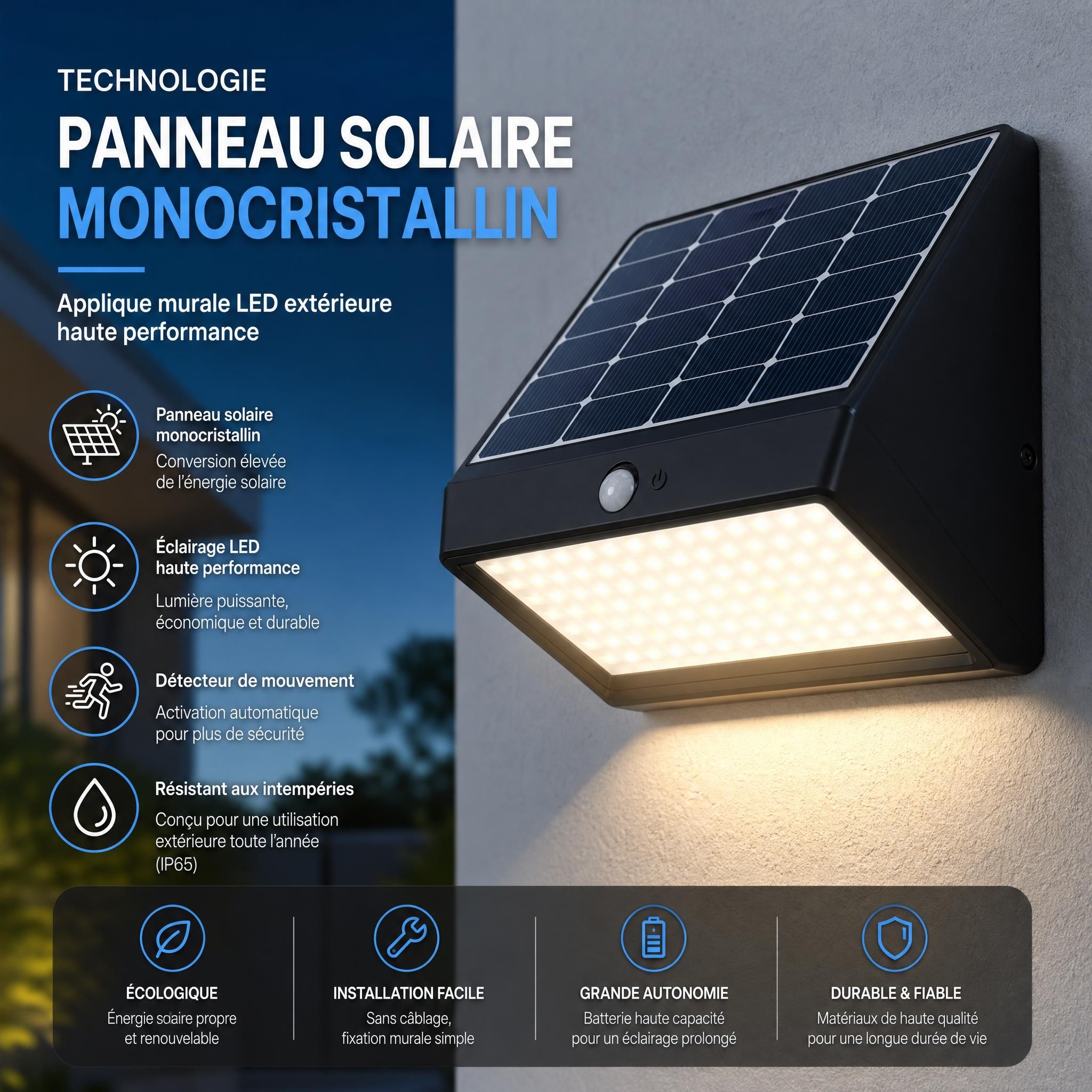 Technologie panneau solaire monocristallin applique murale LED extérieure haute performance