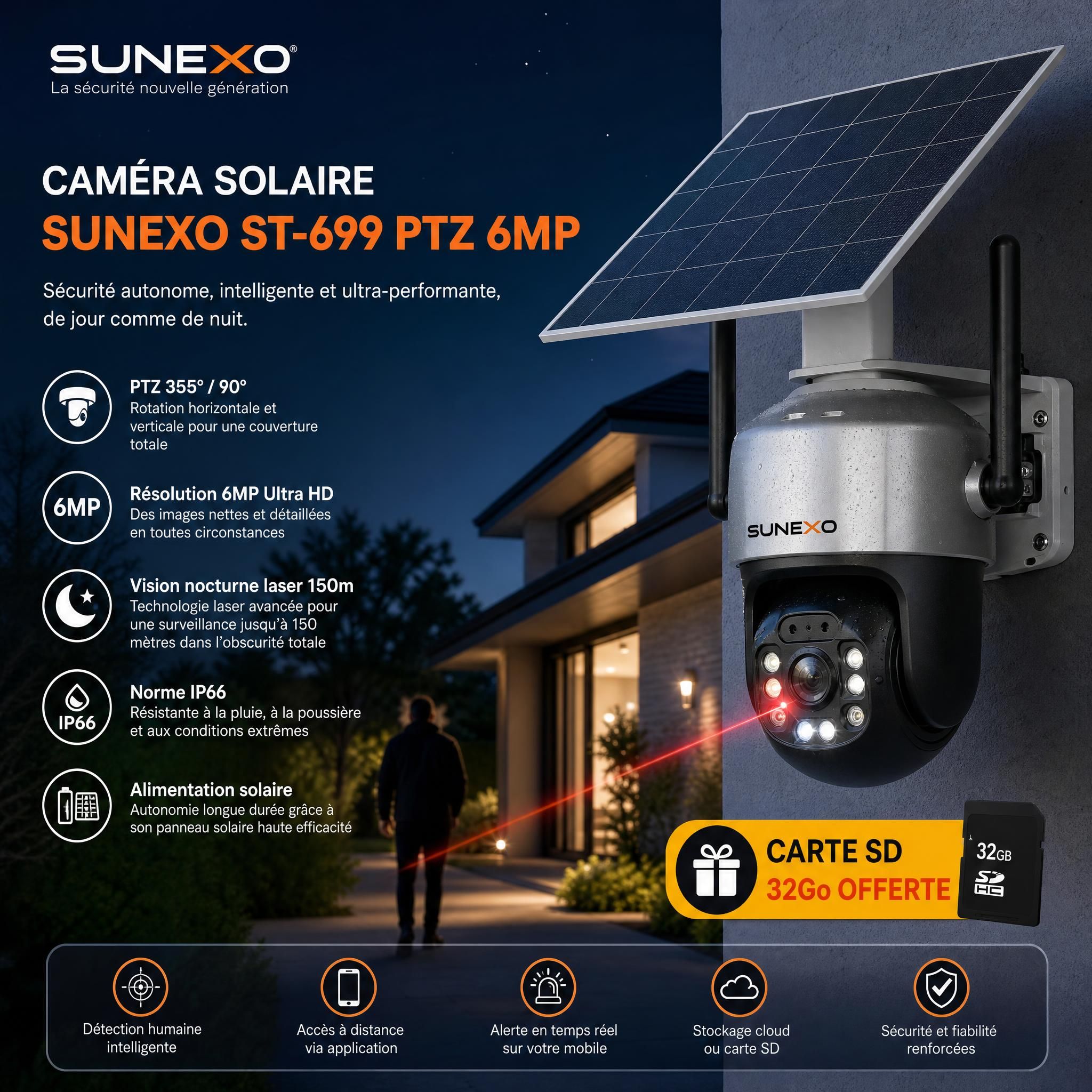 Caméra solaire Sunexo ST-699 PTZ 6MP installée sur façade extérieure, vision nocturne laser 150m, IP66, carte SD 32Go offerte