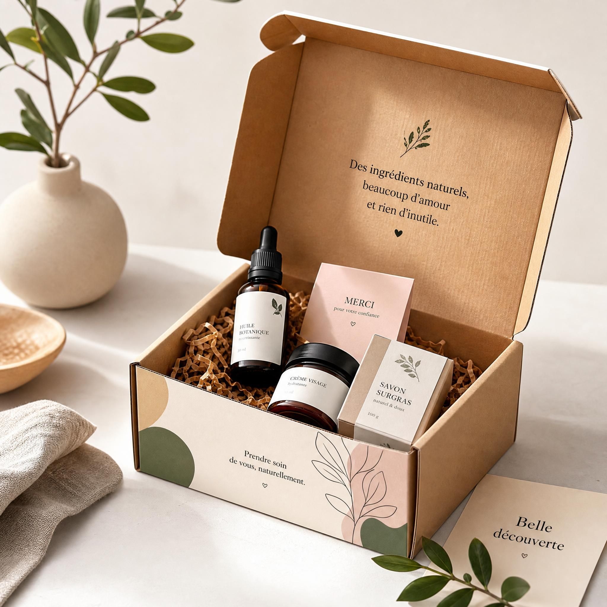 Expérience unboxing packaging personnalisé startup e-commerce - boîte premium ouverte avec produits cosmétiques naturels sur fond clair