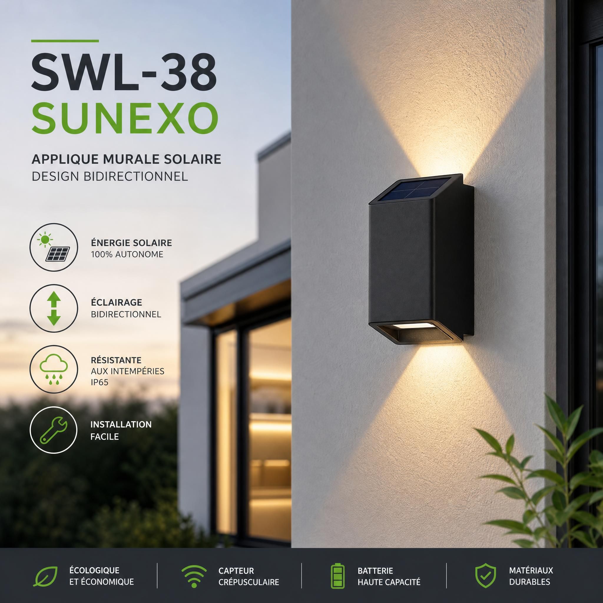 Applique murale solaire SWL-38 Sunexo design bidirectionnel façade maison