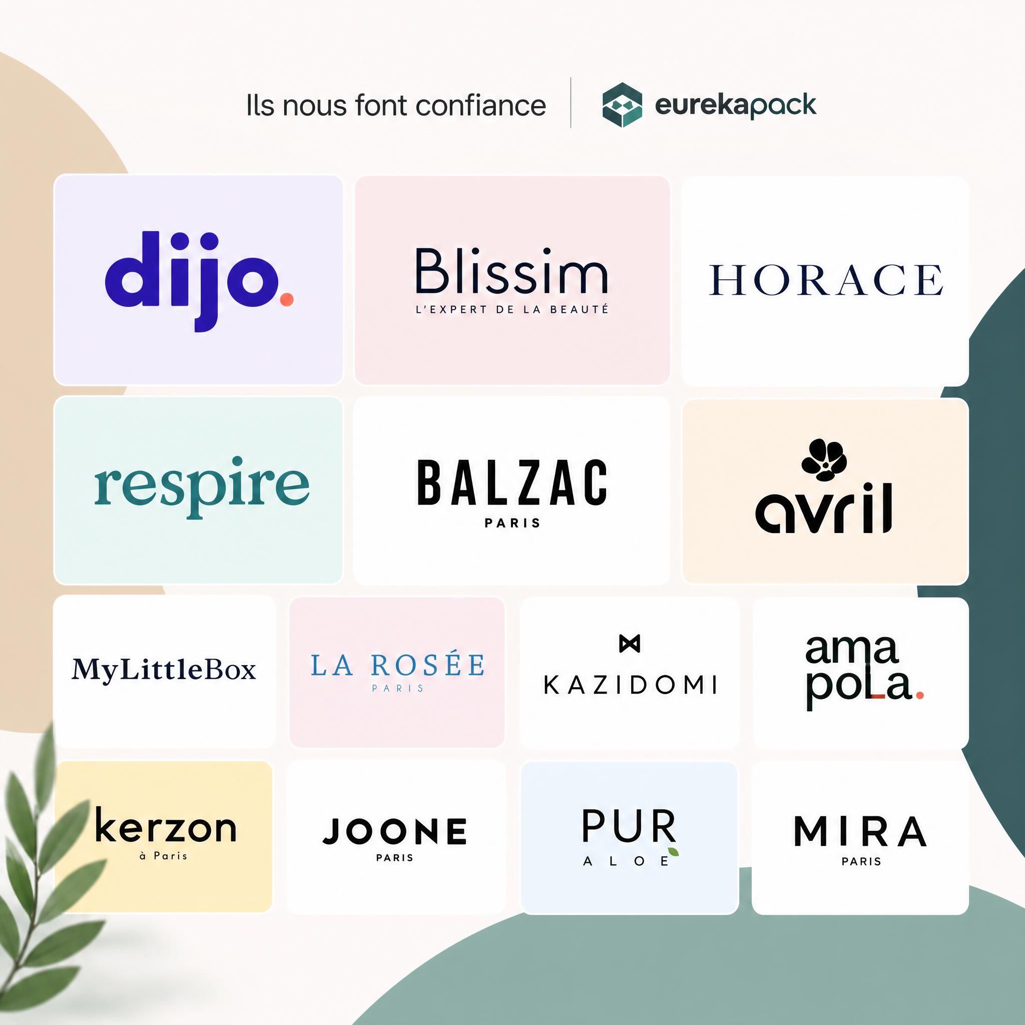 Mosaïque des logos des grandes marques partenaires d'Eurekapack : Dijo, Blissim, Horace, Respire, Balzac Paris et autres