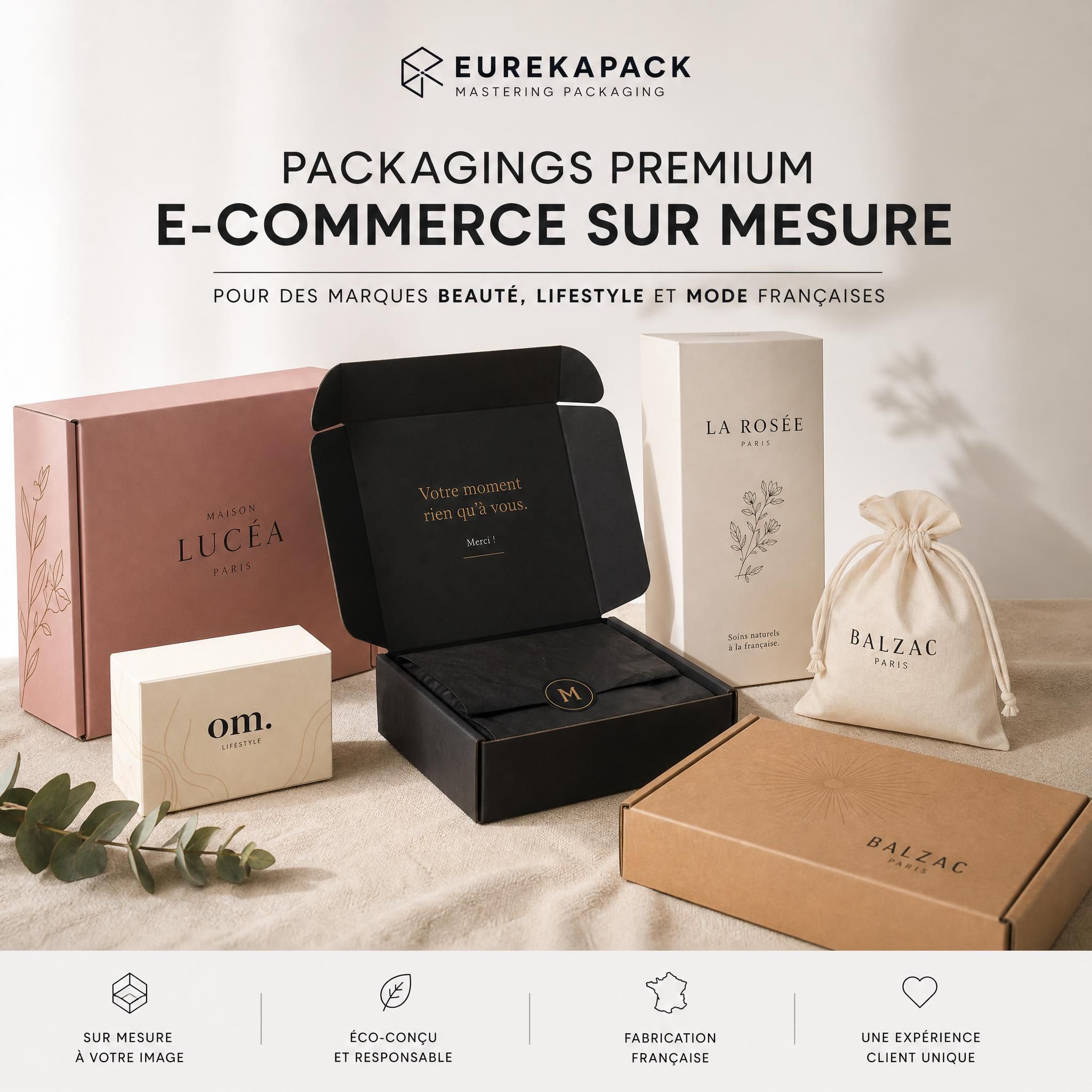 Packagings premium e-commerce sur mesure réalisés par Eurekapack pour des marques beauté, lifestyle et mode françaises