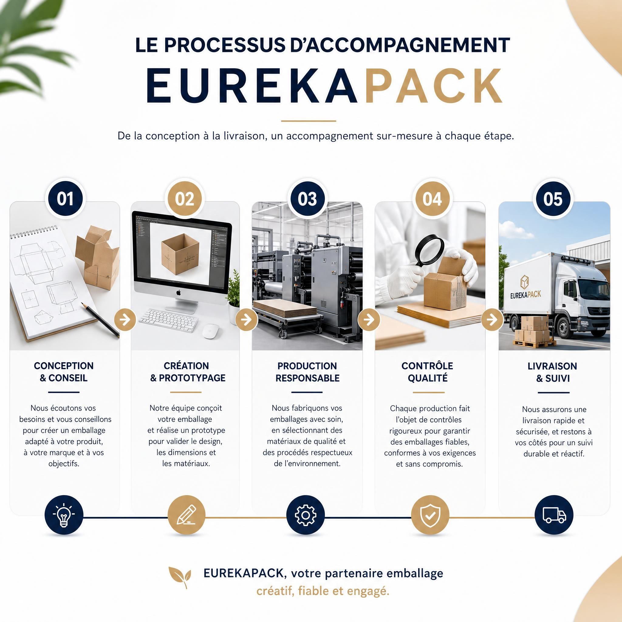 Processus d'accompagnement Eurekapack en 5 étapes, de la conception au contrôle qualité et à la livraison