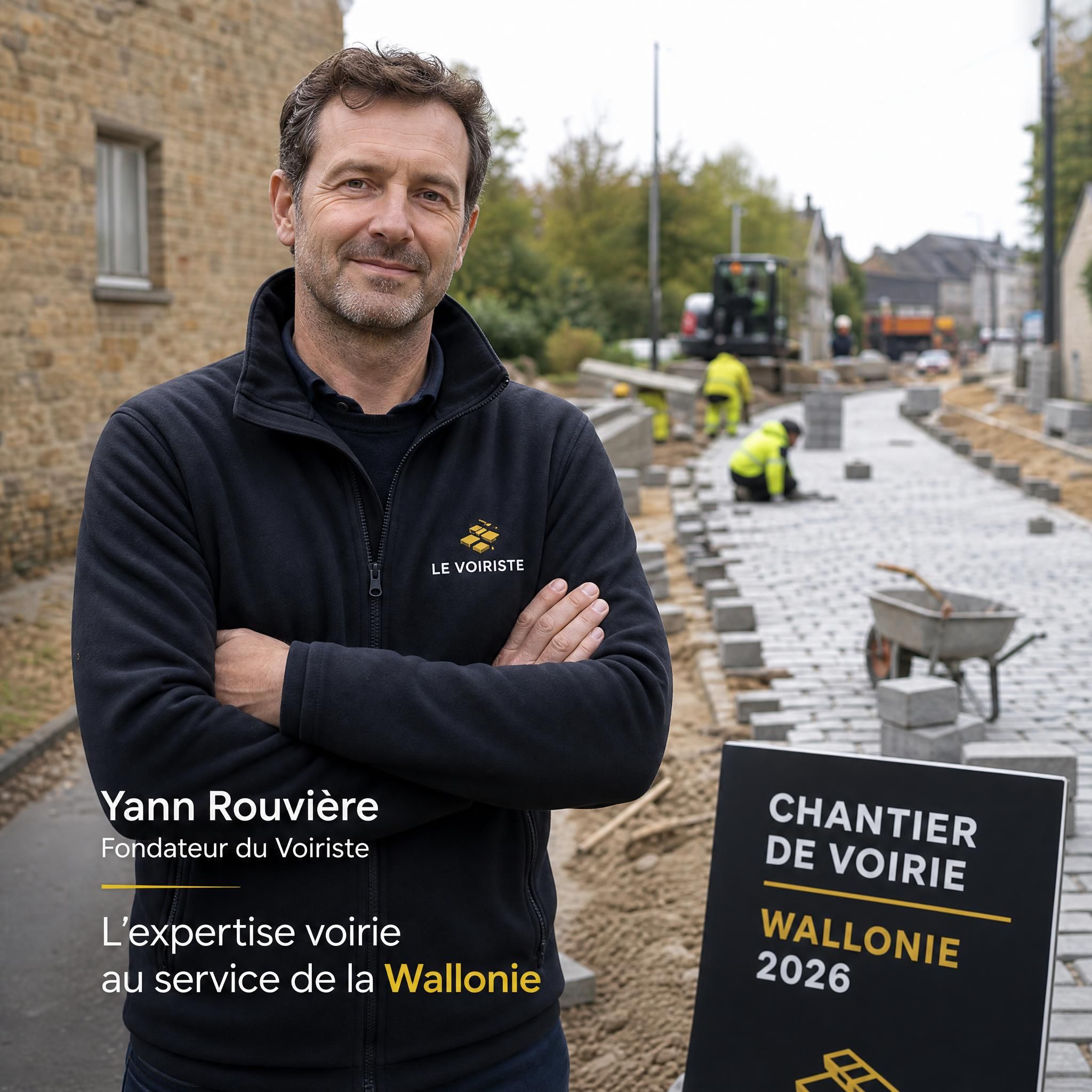 Yann Rouvière fondateur du Voiriste devant un chantier de voirie belge — allée en pavés en cours de réalisation, Wallonie 2026