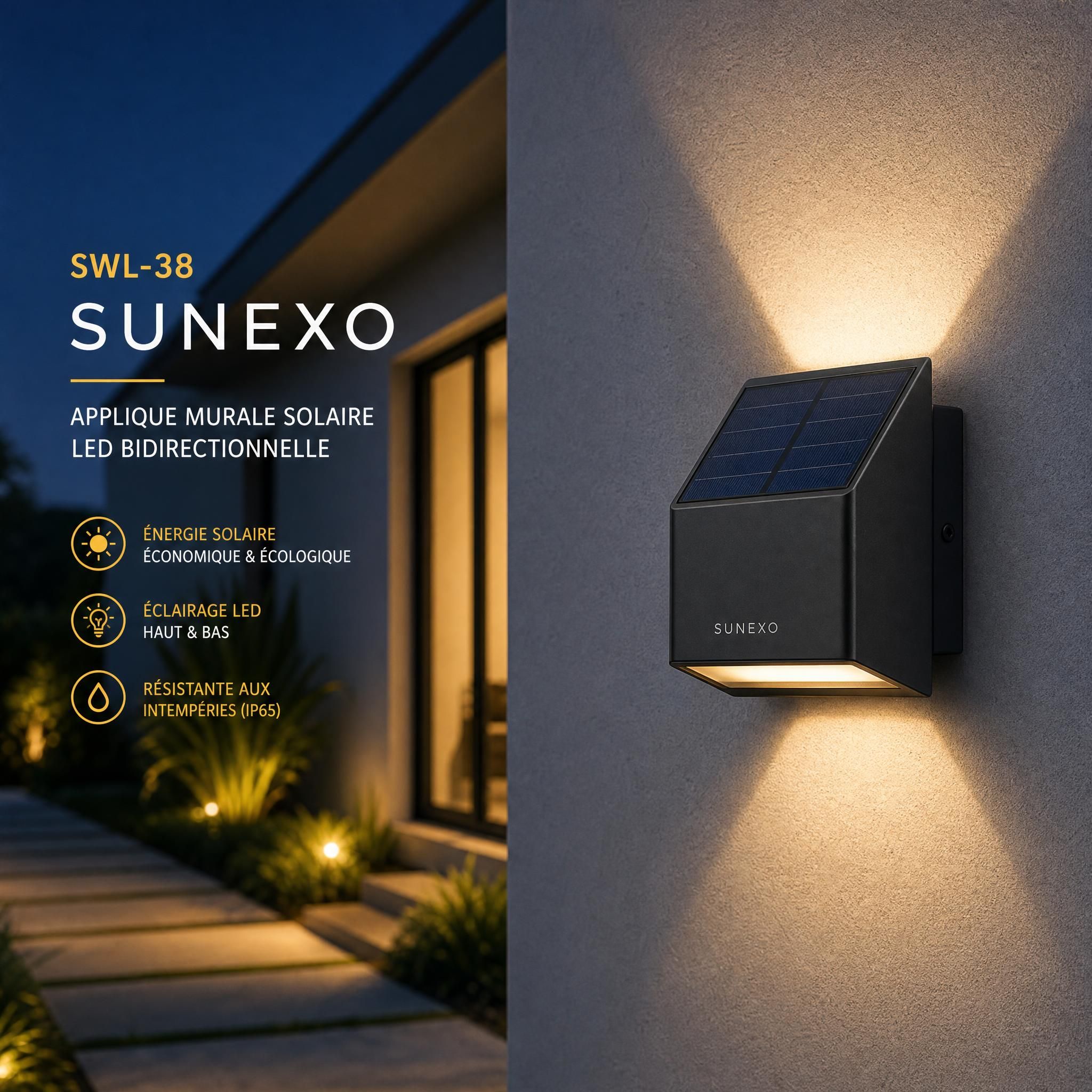 Applique murale solaire SWL-38 Sunexo montée sur façade extérieure de maison, éclairage LED bidirectionnel allumé la nuit