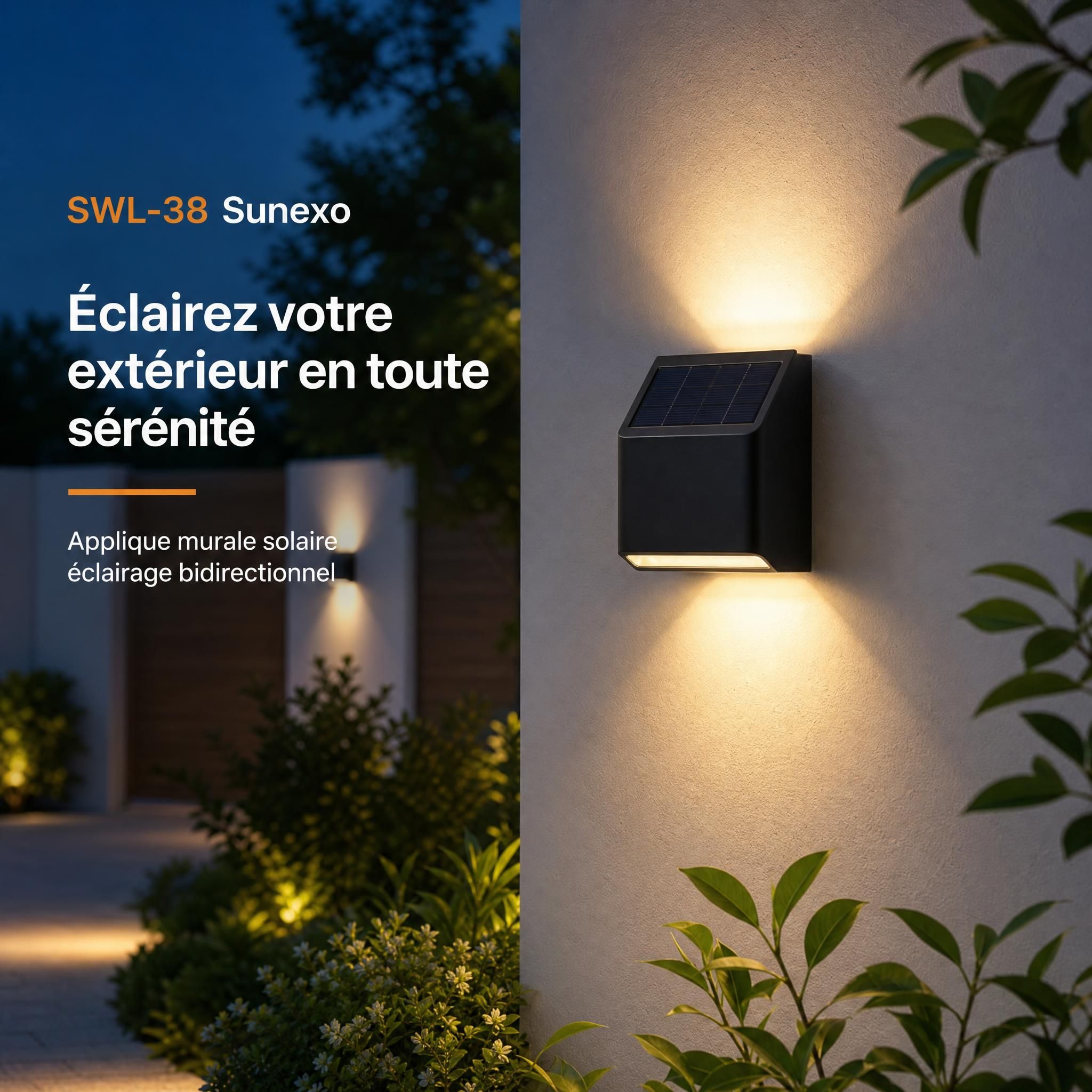 Applique murale solaire SWL-38 Sunexo installée sur un mur de jardin blanc, éclairage bidirectionnel activé en soirée, ambiance douce et sécurisante