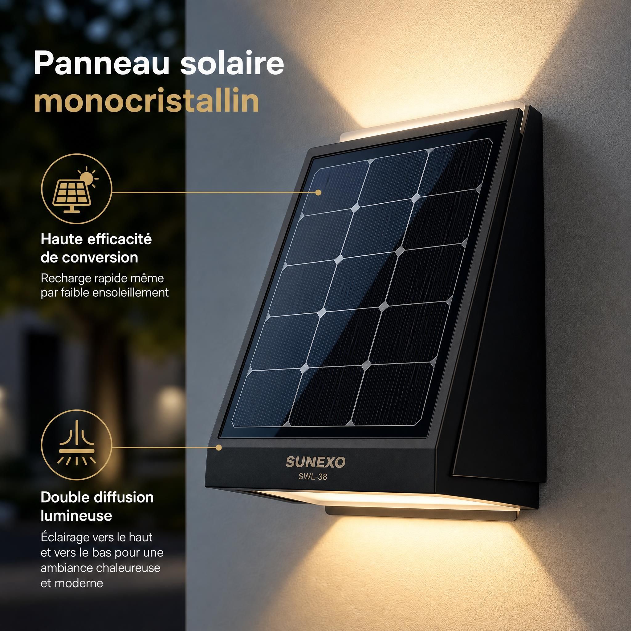 Gros plan sur le panneau solaire monocristallin de l'applique SWL-38 Sunexo avec double diffusion lumineuse vers le haut et vers le bas