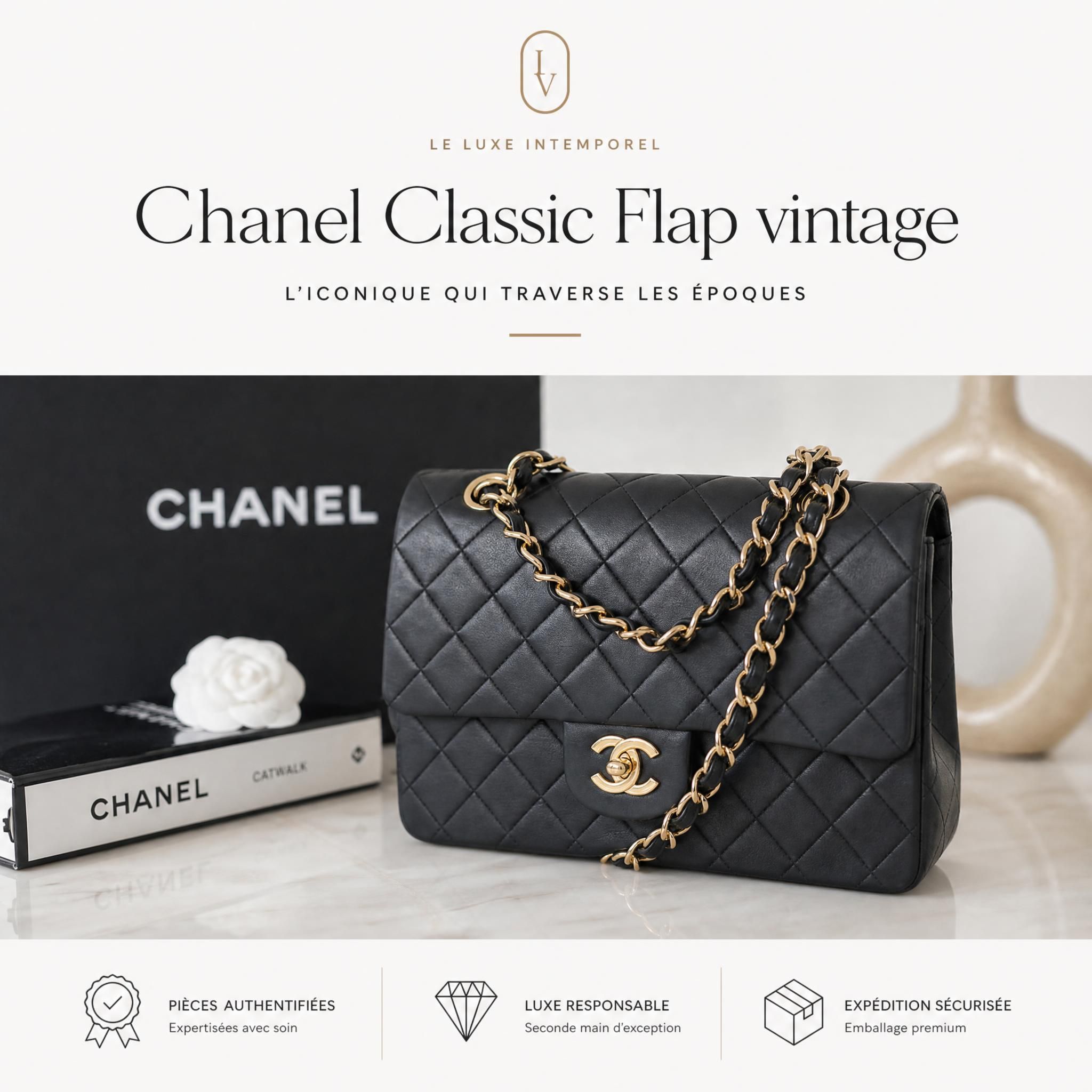 Sac Chanel Classic Flap vintage en cuir matelassé noir, accessoires de luxe seconde main haut de gamme