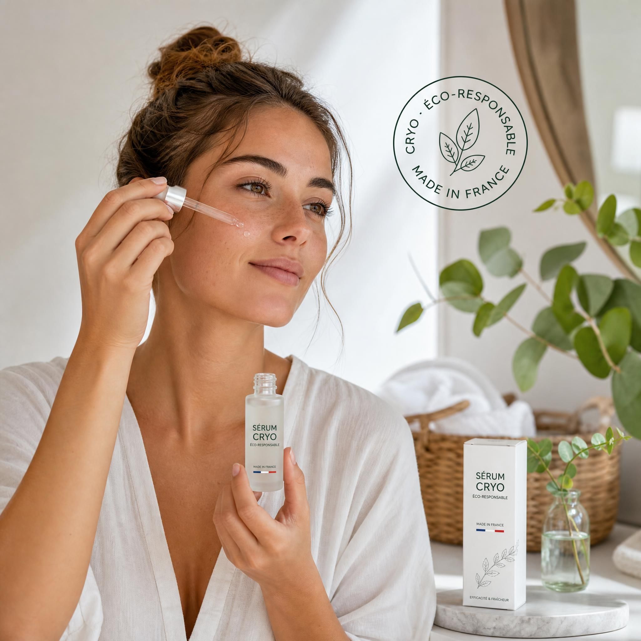 Femme appliquant un sérum cryo éco-responsable made in France sur son visage, geste beauté matinal, lumière naturelle douce