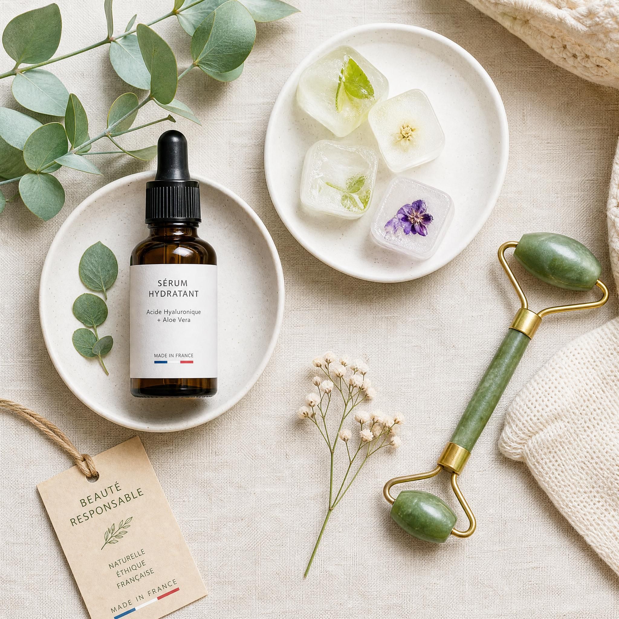 Flat lay de produits skincare éco-responsables made in France : sérum en flacon en verre, glaçons cosmétiques, rouleau de jade, sur fond naturel en lin