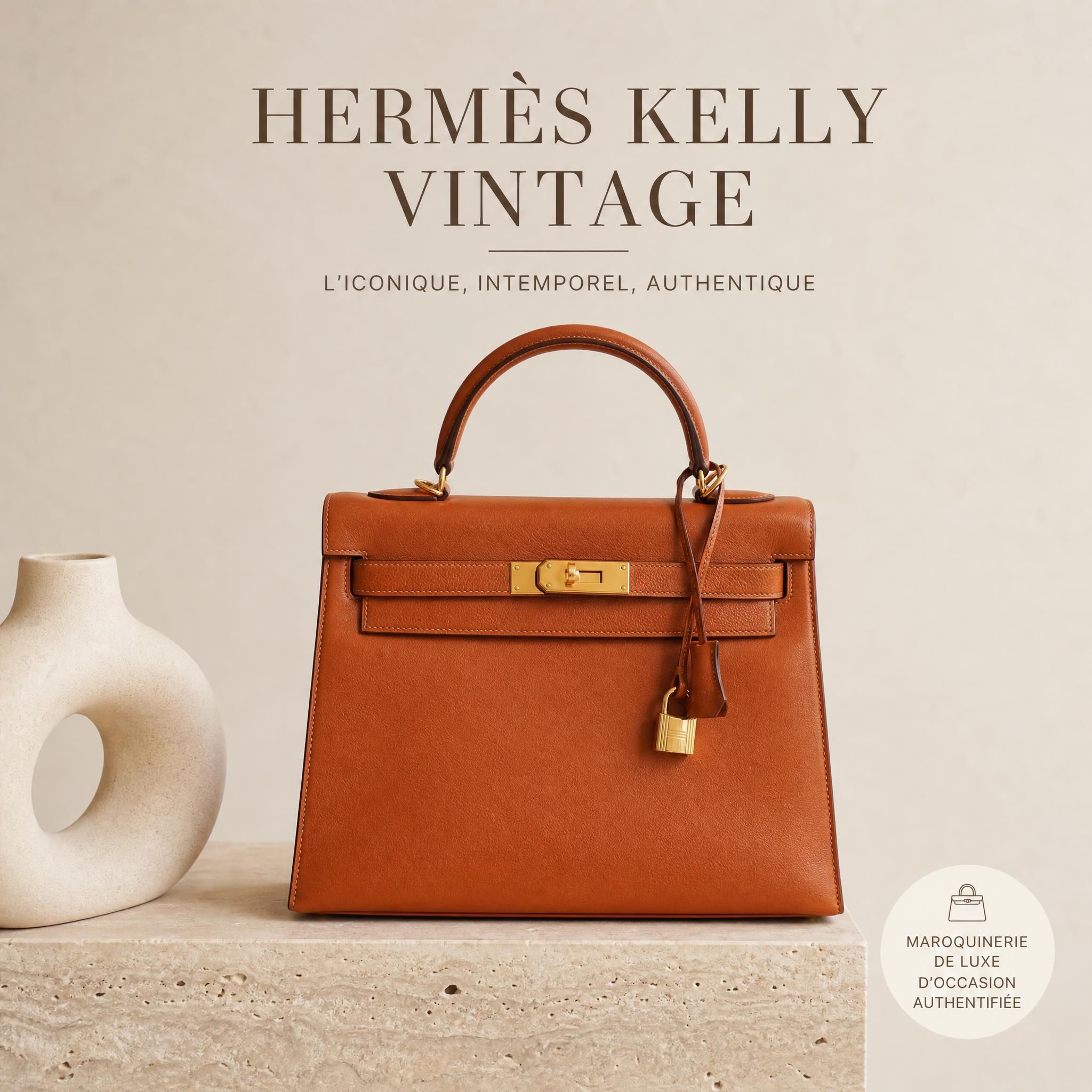 Sac Hermès Kelly vintage posé sur fond neutre élégant, maroquinerie de luxe occasion authentique