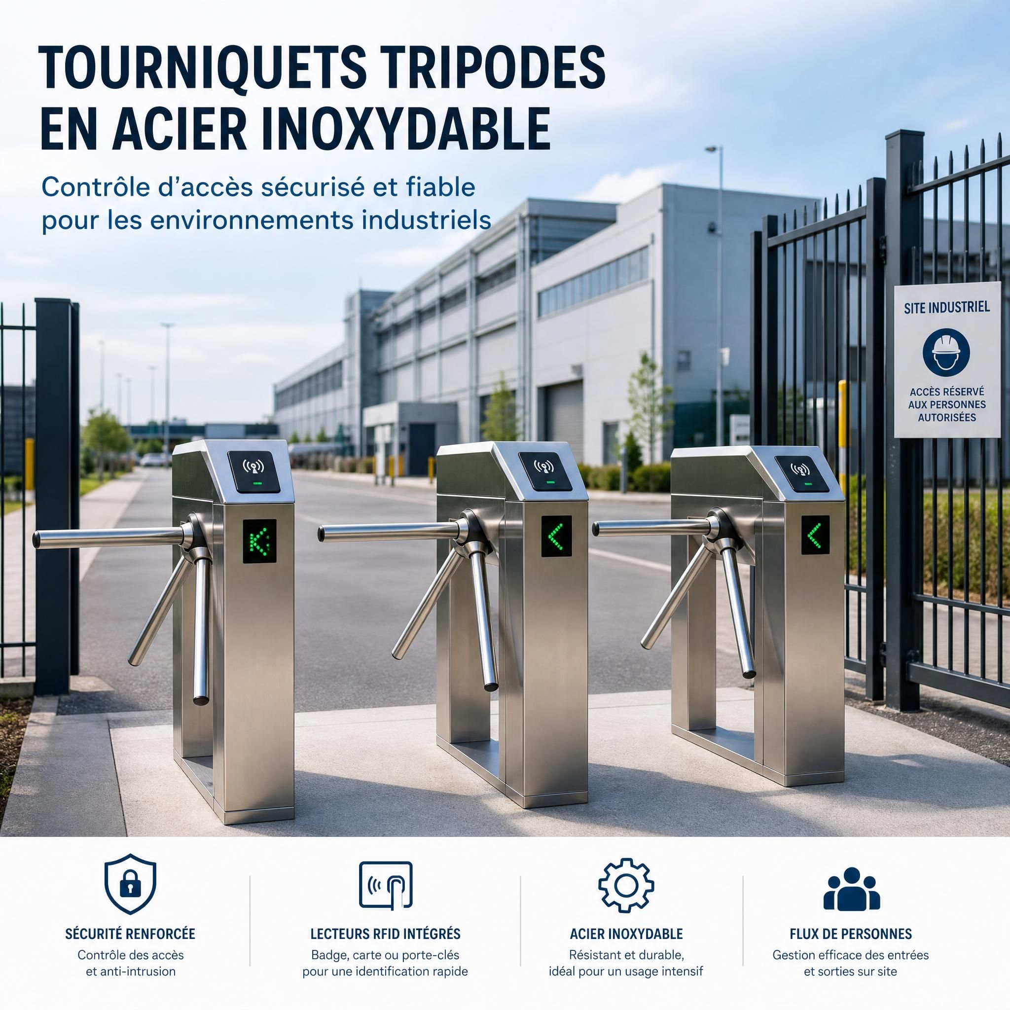 Tourniquets tripodes en acier inoxydable installés à l'entrée d'un site industriel avec lecteurs de badges RFID, contrôle d'accès entreprise
