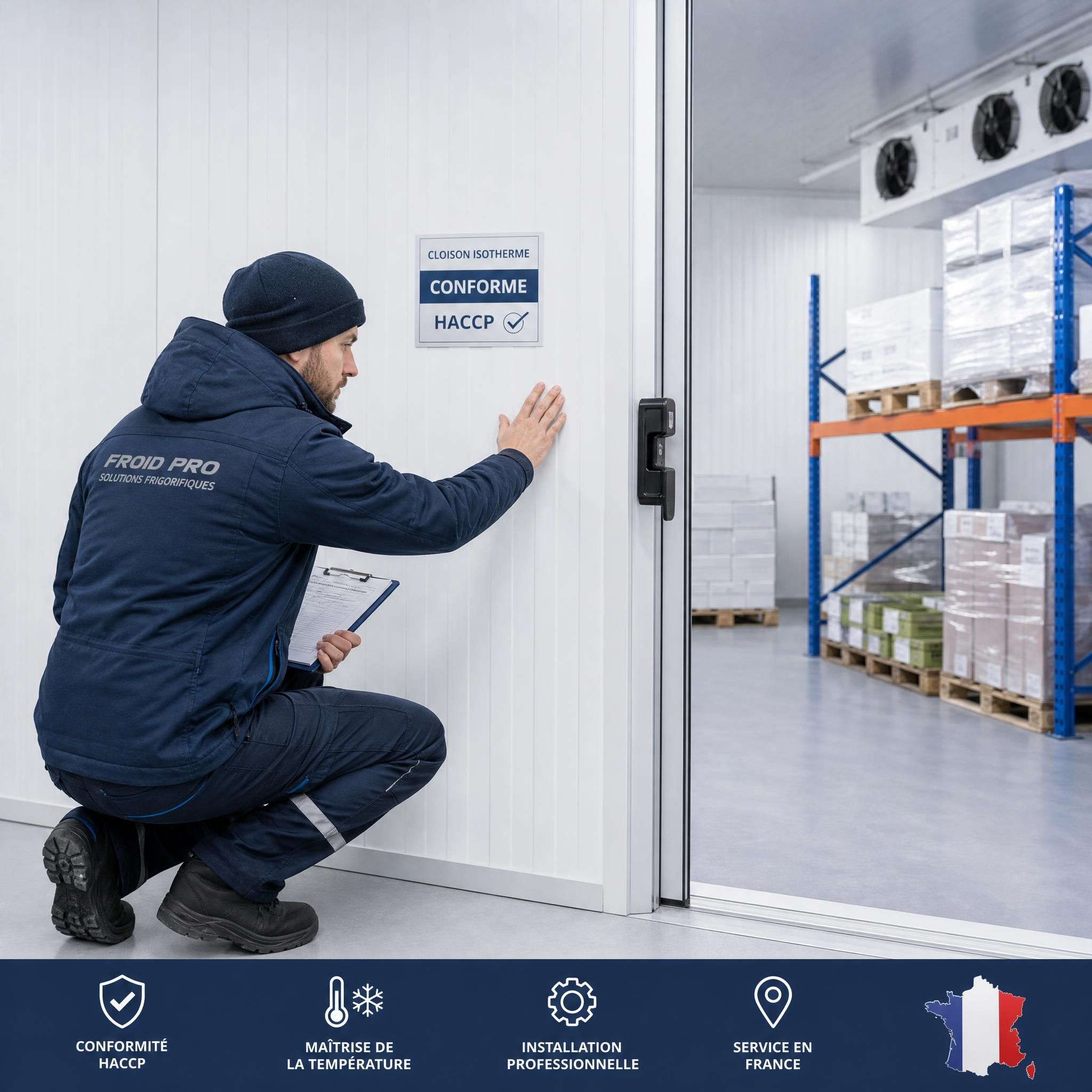 Technicien spécialisé en installation de chambre froide professionnelle vérifiant la conformité d'une cloison isotherme HACCP dans un entrepôt frigorifique industriel en France