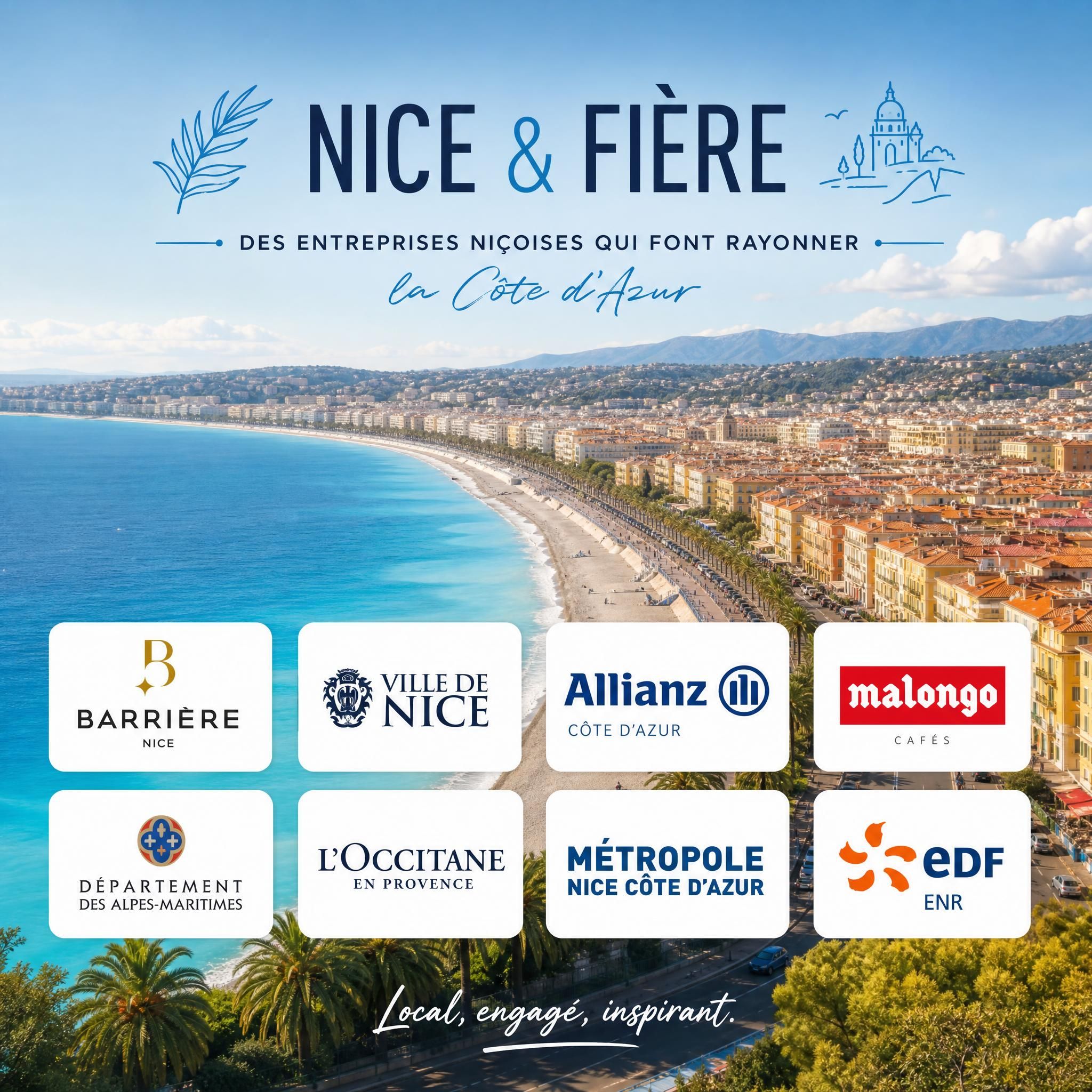 Vue panoramique de Nice avec le bord de mer et des logos d'entreprises niçoises illustrant le branding local sur la Côte d'Azur