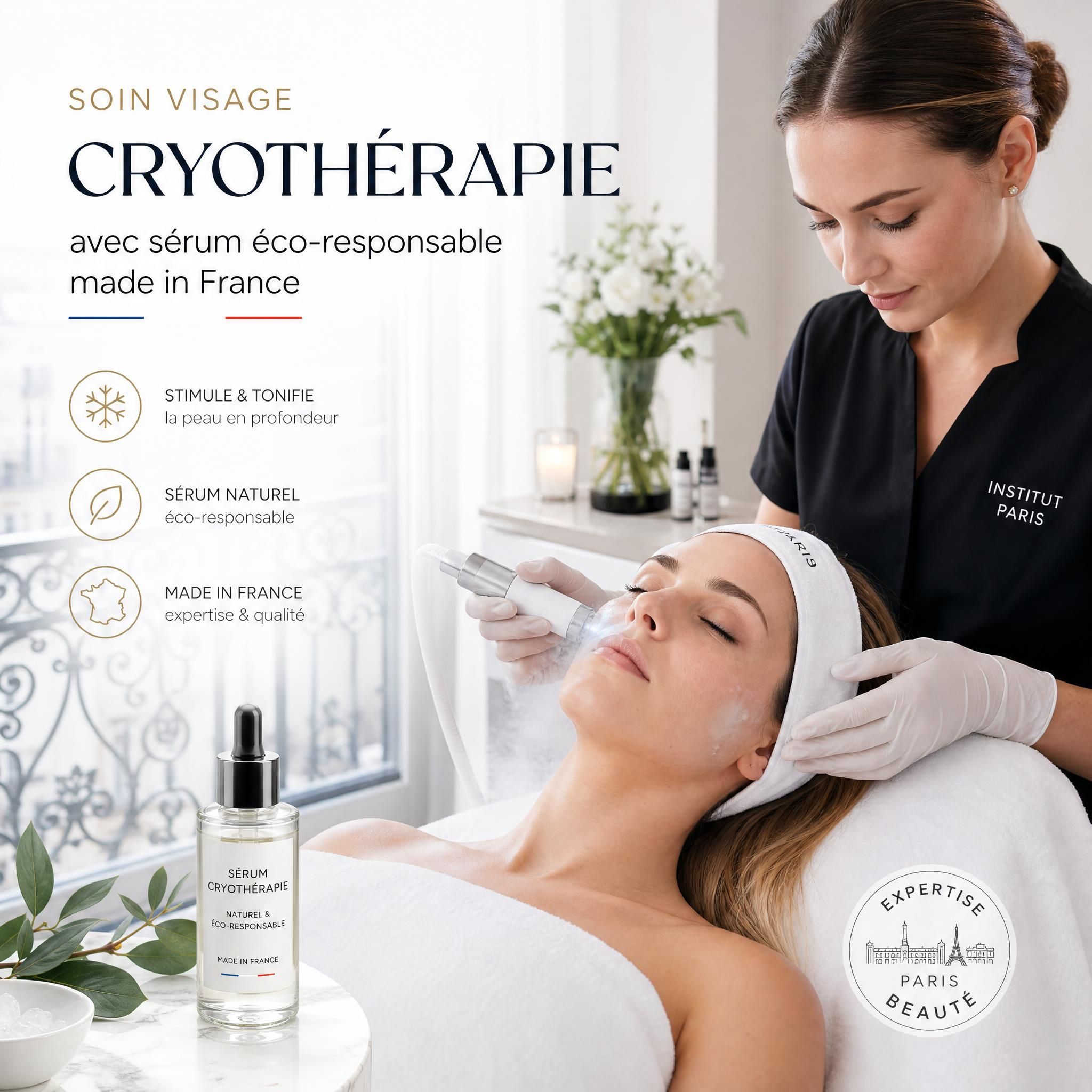Soin visage cryothérapie avec sérum éco-responsable made in France - femme recevant un protocole froid en institut de beauté parisien