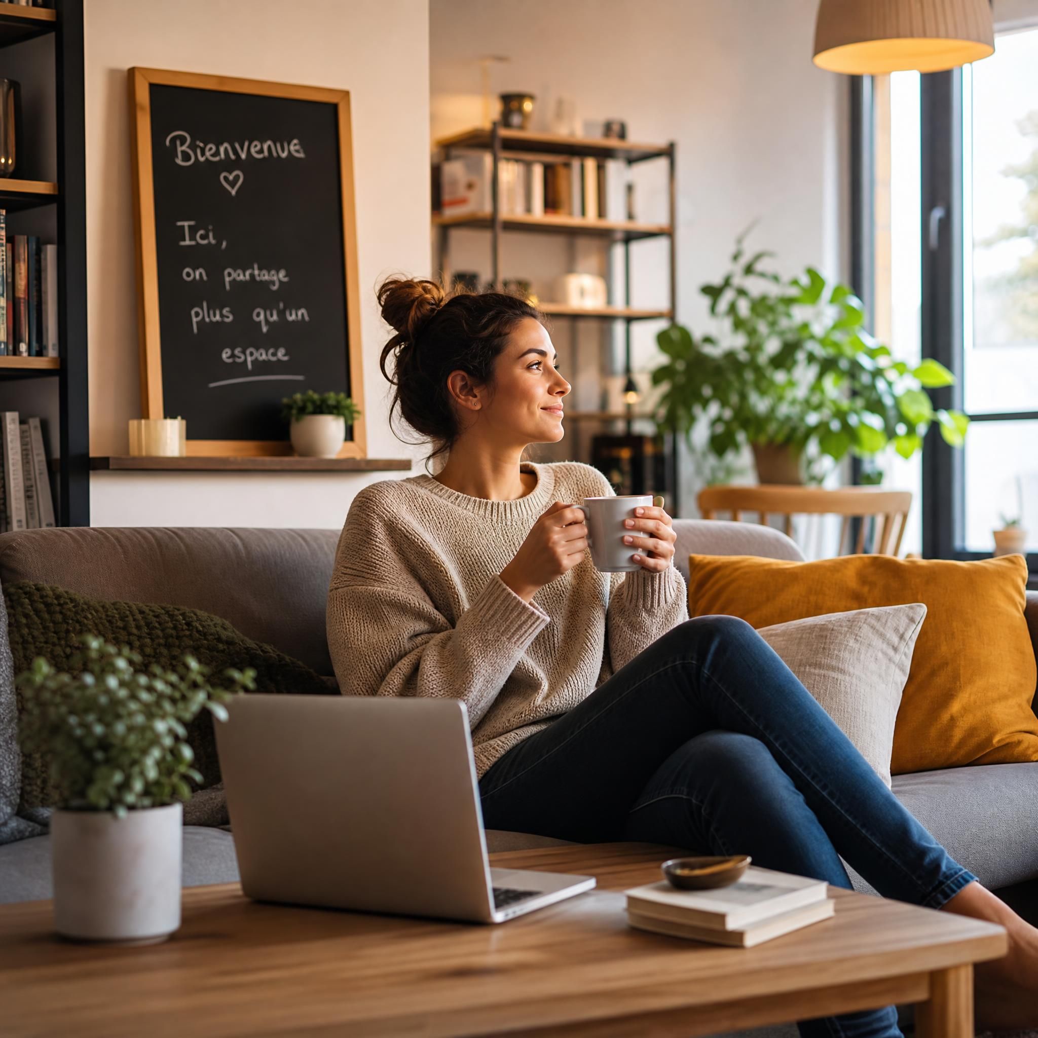 Personne en pause dans un salon chaleureux chez un particulier, ambiance conviviale et détendue, alternative humaine au coworking