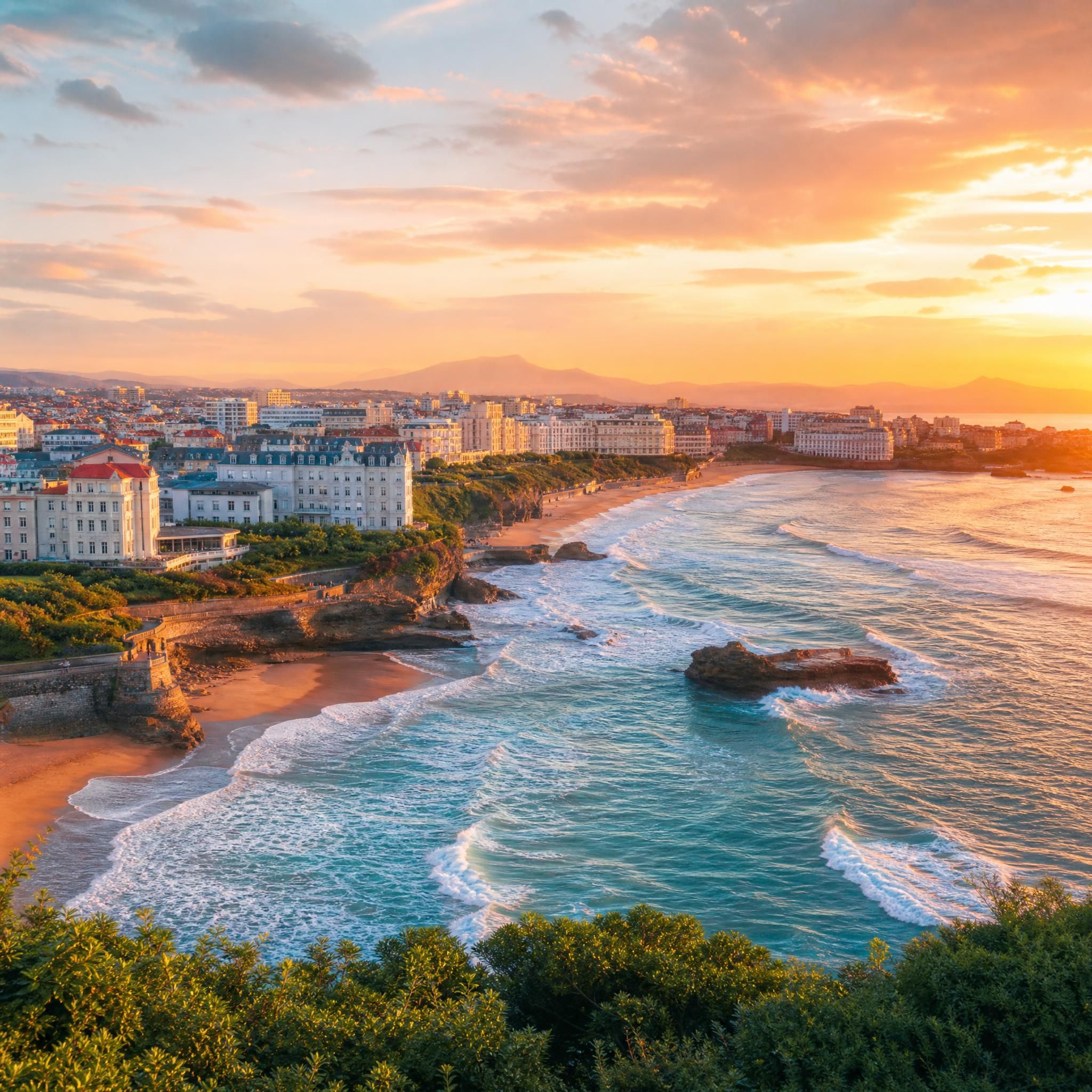 Vue panoramique du littoral basque avec Biarritz, Anglet et Bayonne au coucher du soleil, côte atlantique Pays Basque