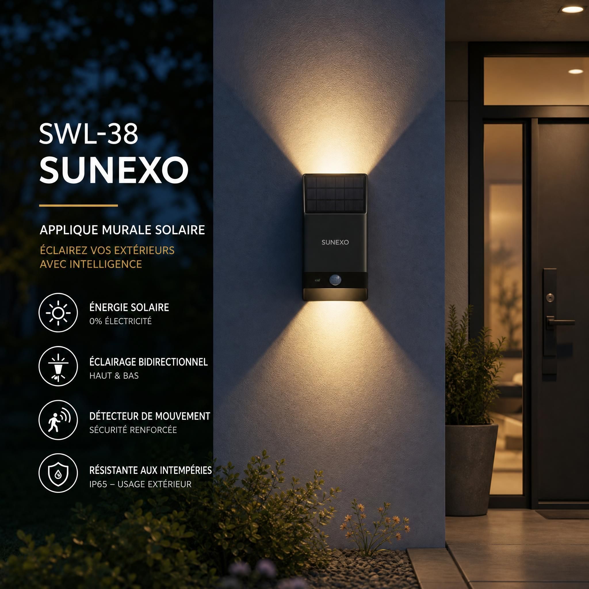 Applique murale solaire SWL-38 Sunexo éclairant une entrée de maison la nuit, effet bidirectionnel haut et bas