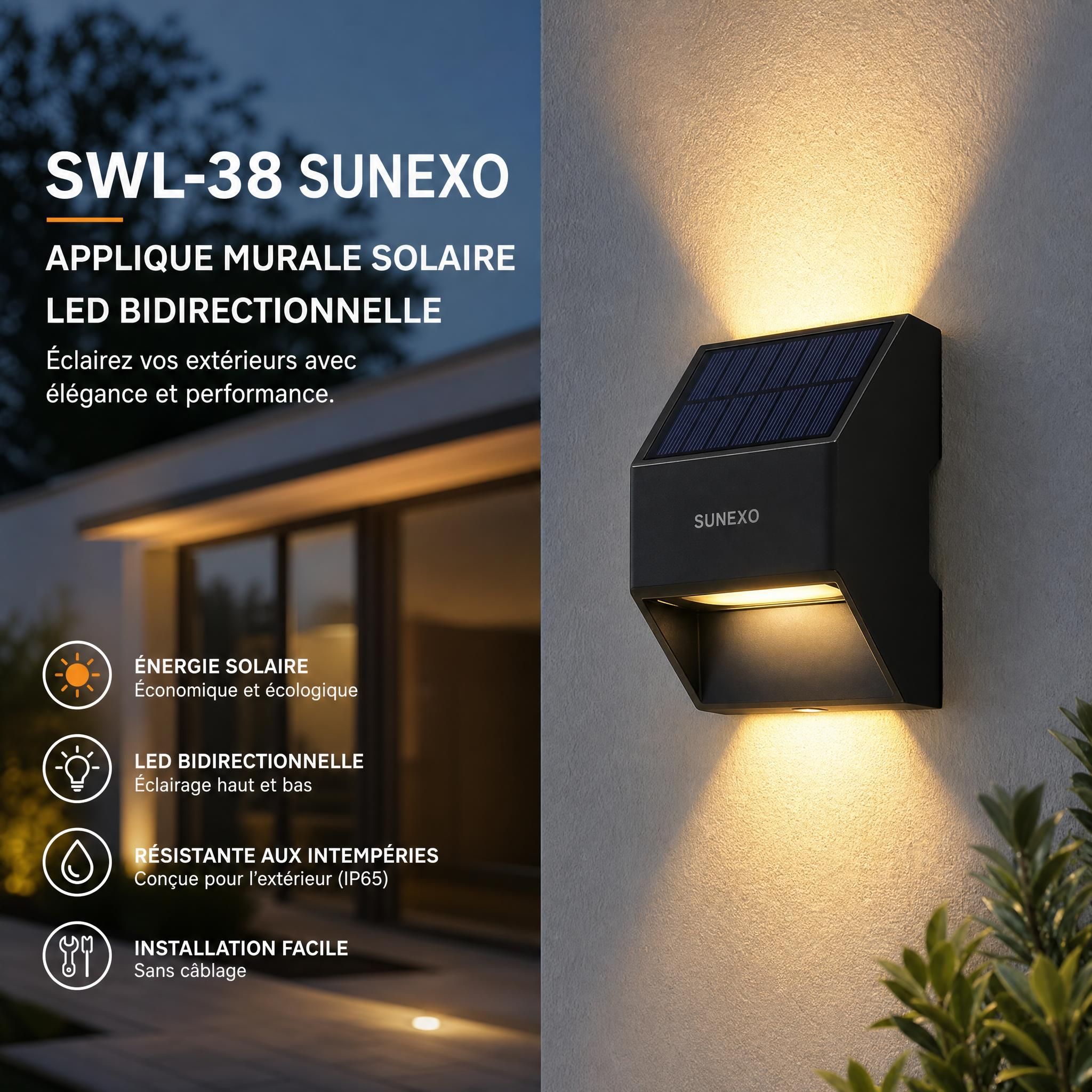 Applique murale solaire SWL-38 Sunexo installée sur façade extérieure de maison, éclairage LED bidirectionnel