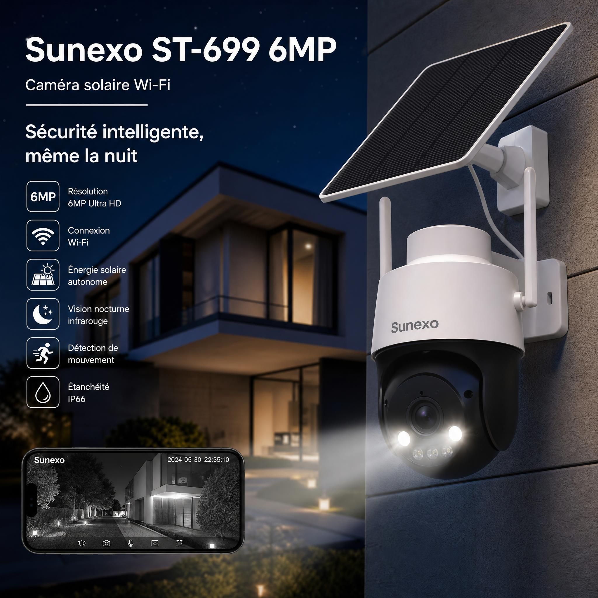 Caméra solaire Wi-Fi Sunexo ST-699 6MP installée sur façade extérieure avec panneau solaire intégré, vision nocturne activée