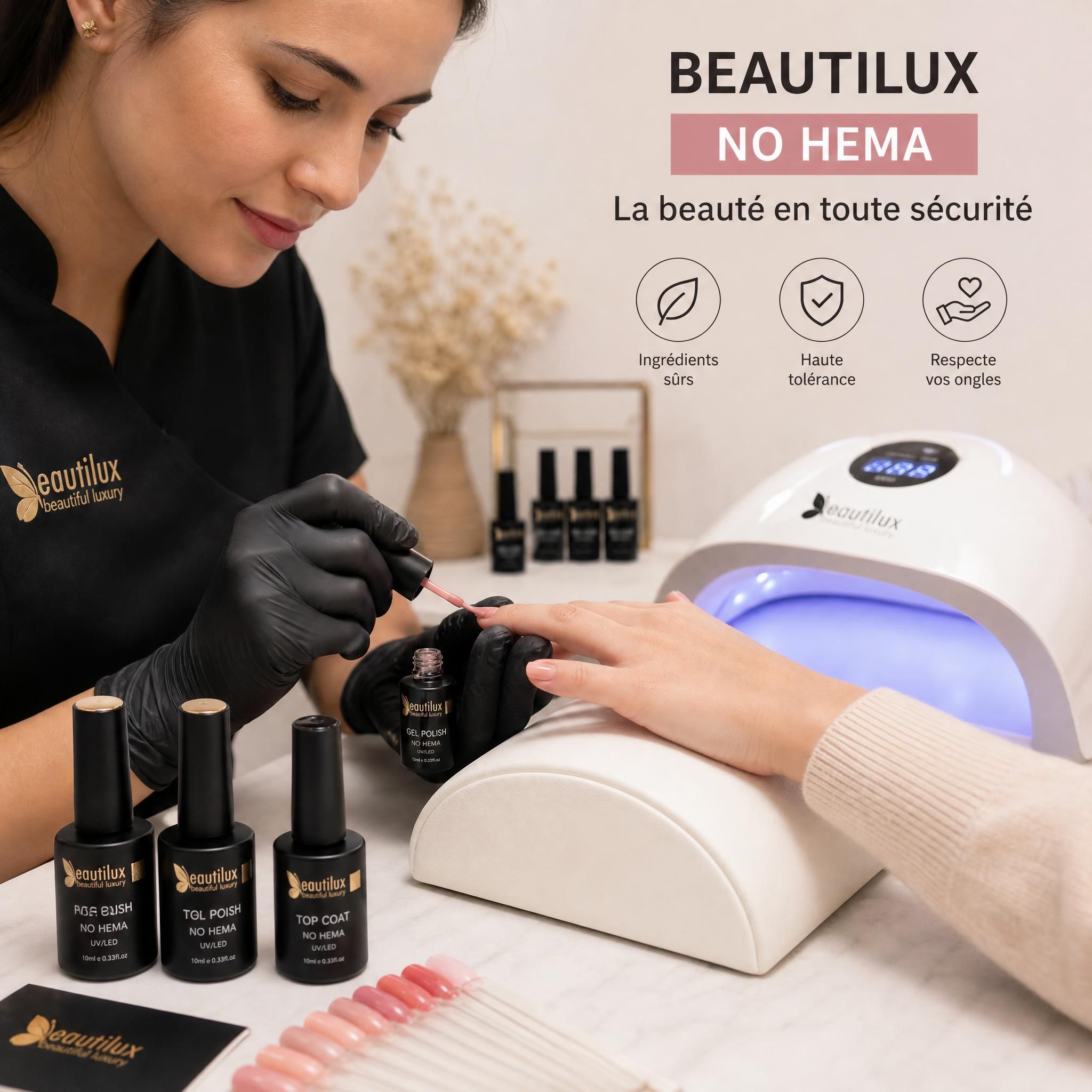 Mains d'une nail tech professionnelle appliquant un vernis semi-permanent Beautilux sans HEMA sur une cliente, avec lampe LED et produits de manucure professionnelle disposés sur la table