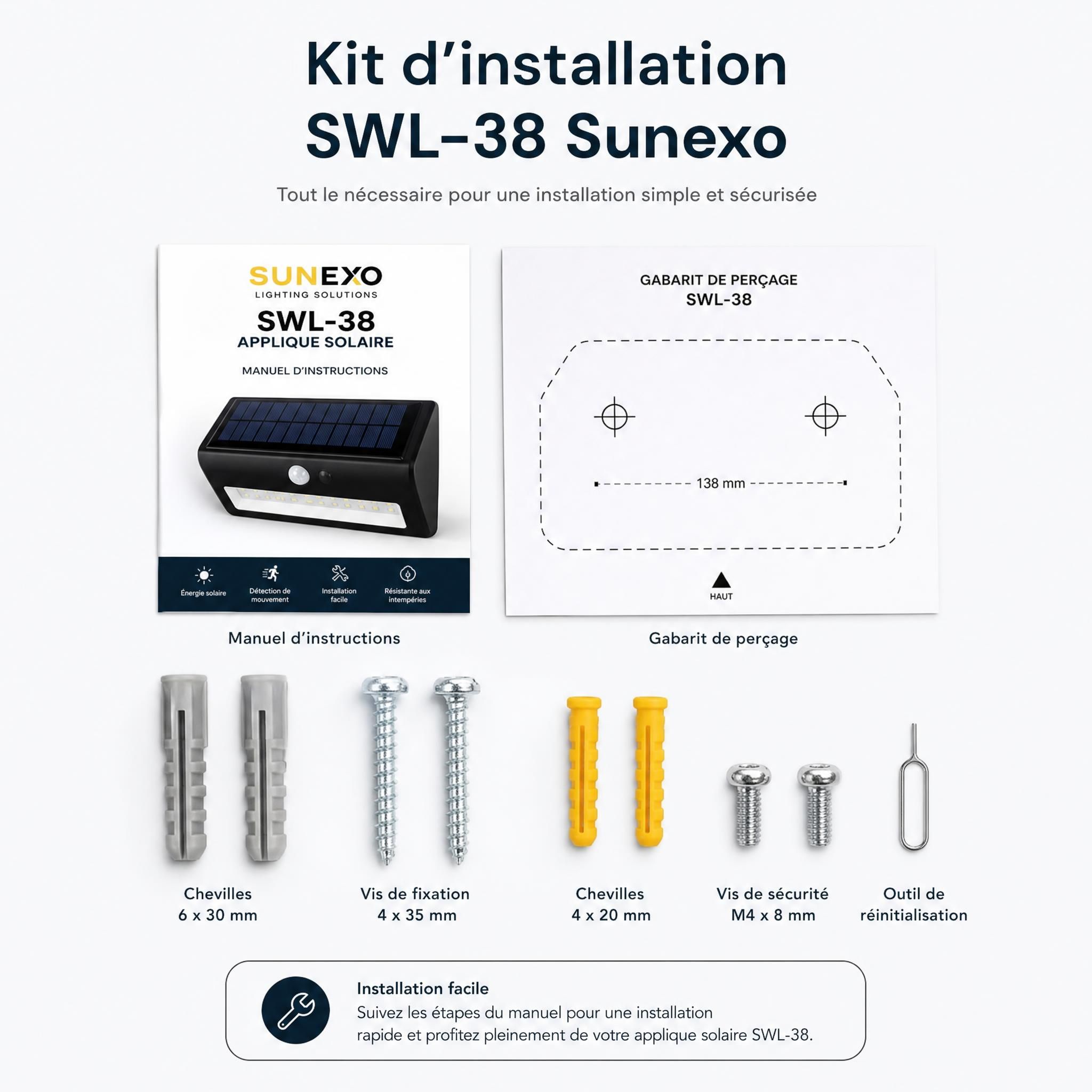 Kit d'installation applique solaire SWL-38 Sunexo avec visserie, gabarit de perçage et manuel d'instructions
