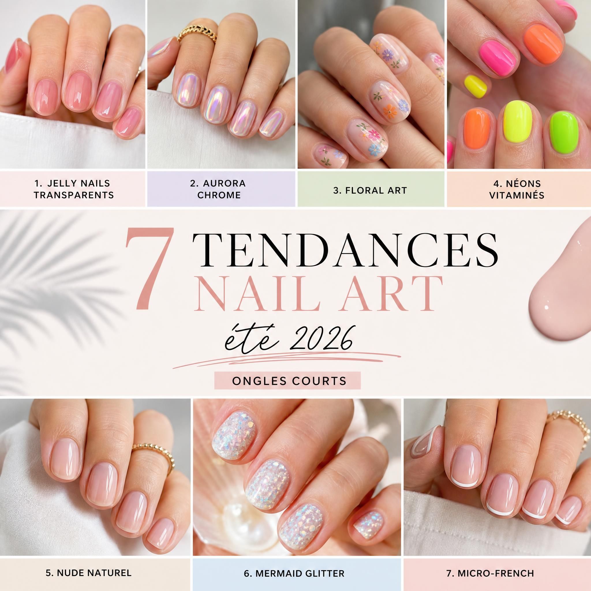 Collage de 7 tendances nail art été 2026 : jelly nails transparents, aurora chrome, floral art, néons vitaminés, nude naturel, mermaid glitter et micro-French sur ongles courts