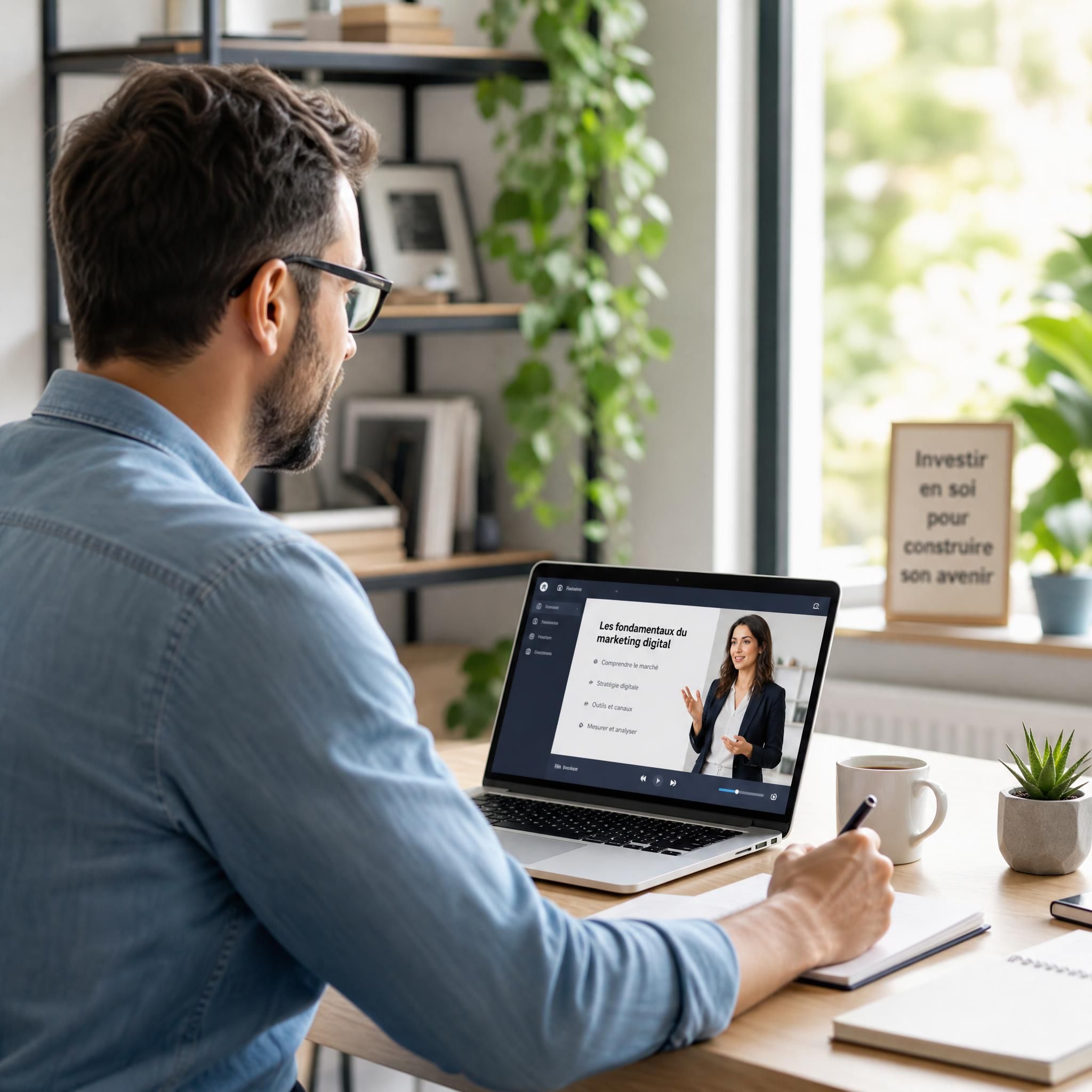 Professionnel en reconversion suivant une formation digitale à distance sur ordinateur portable, bureau moderne et lumineux