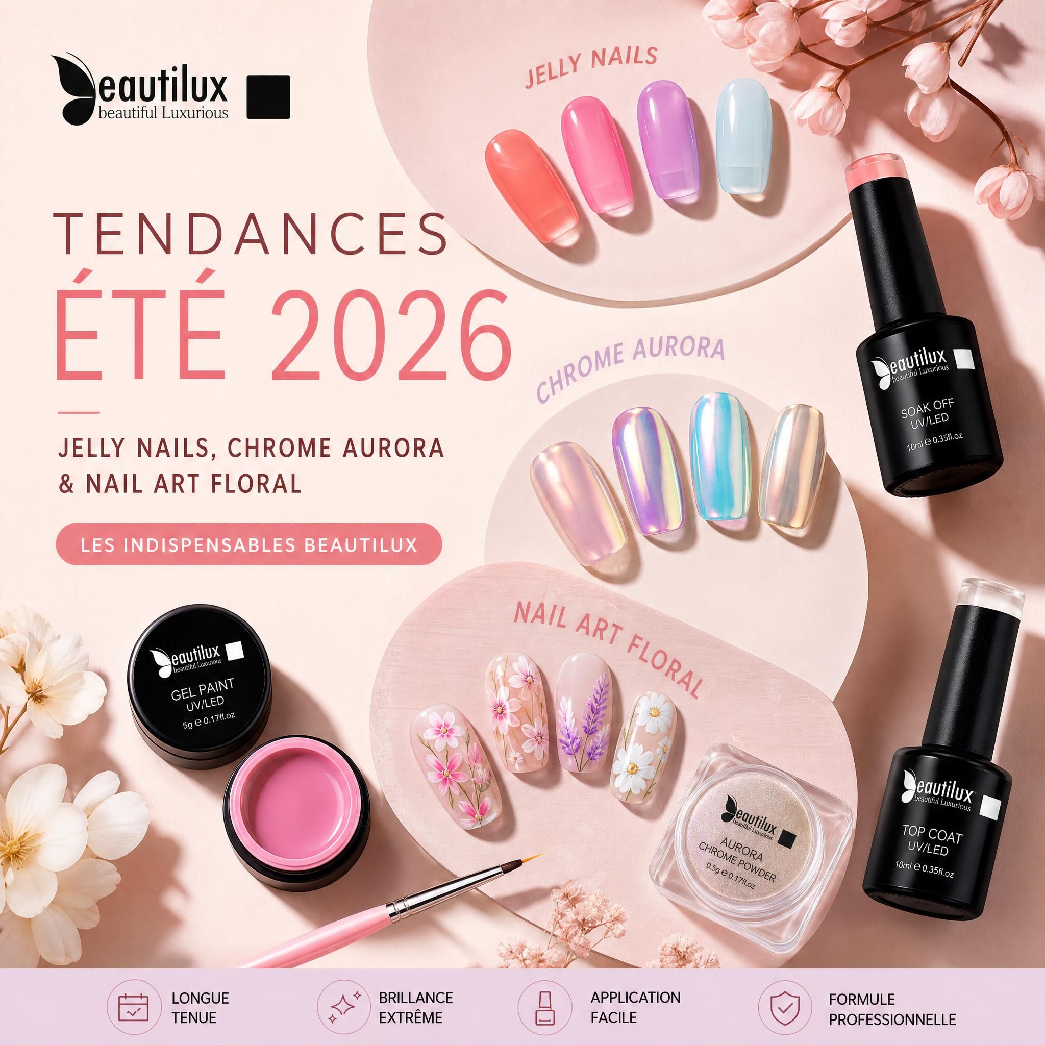 Flat lay de manucures tendances été 2026 – jelly nails, chrome aurora et nail art floral sur fond pastel avec produits Beautilux